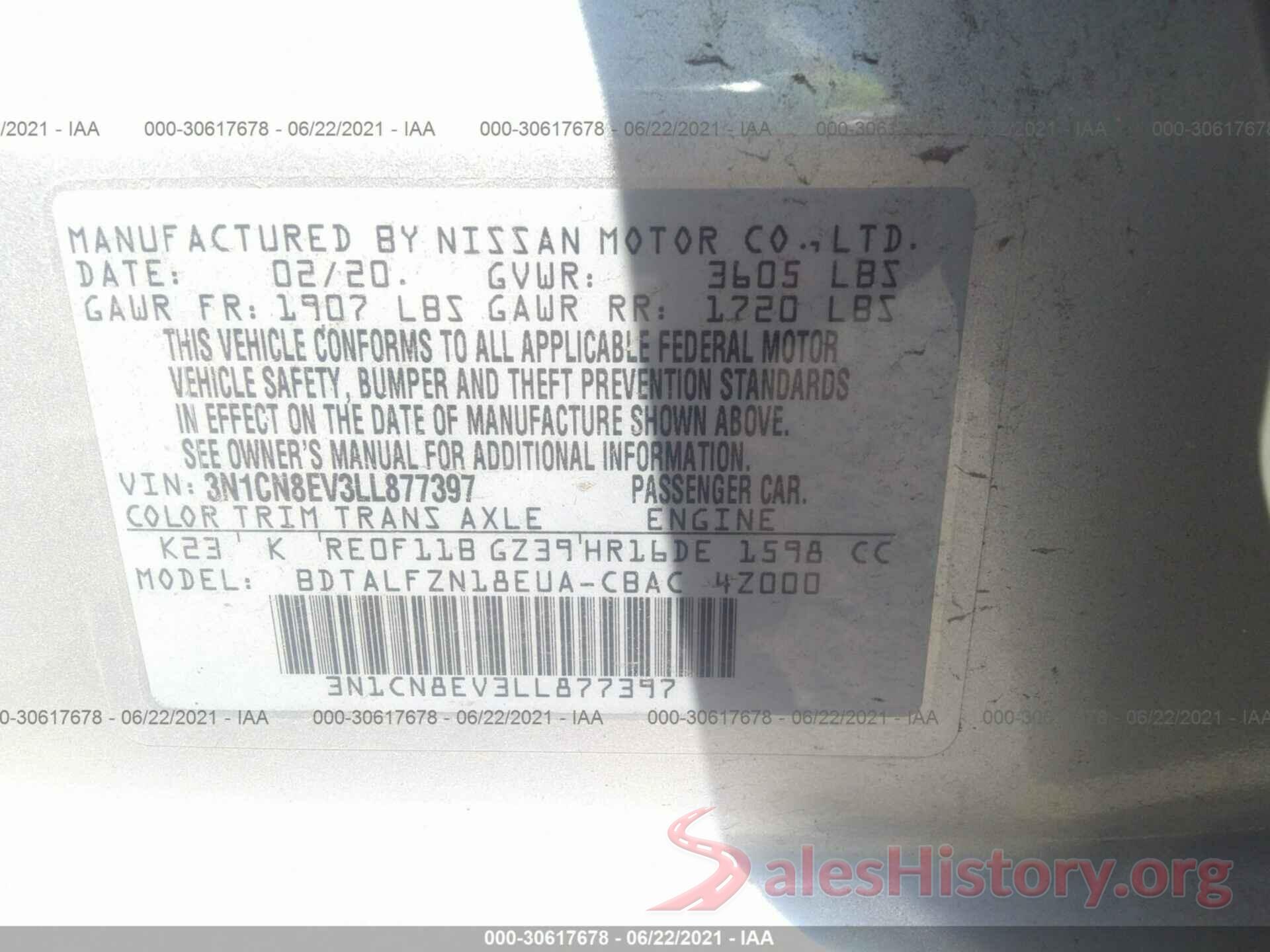 3N1CN8EV3LL877397 2020 NISSAN VERSA