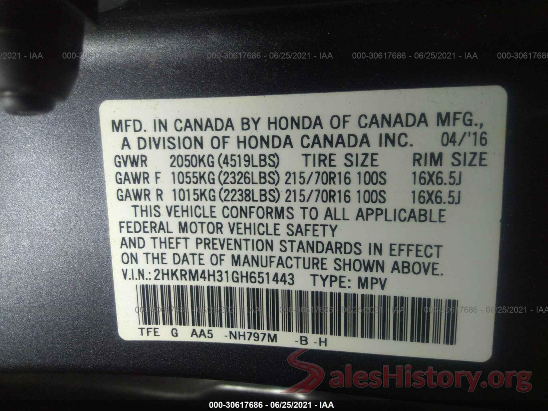 2HKRM4H31GH651443 2016 HONDA CR-V