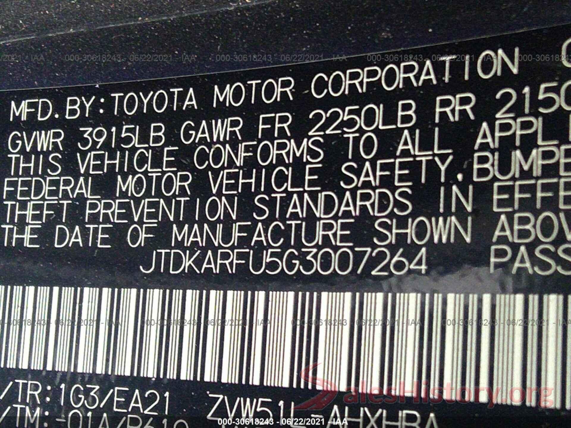 JTDKARFU5G3007264 2016 TOYOTA PRIUS