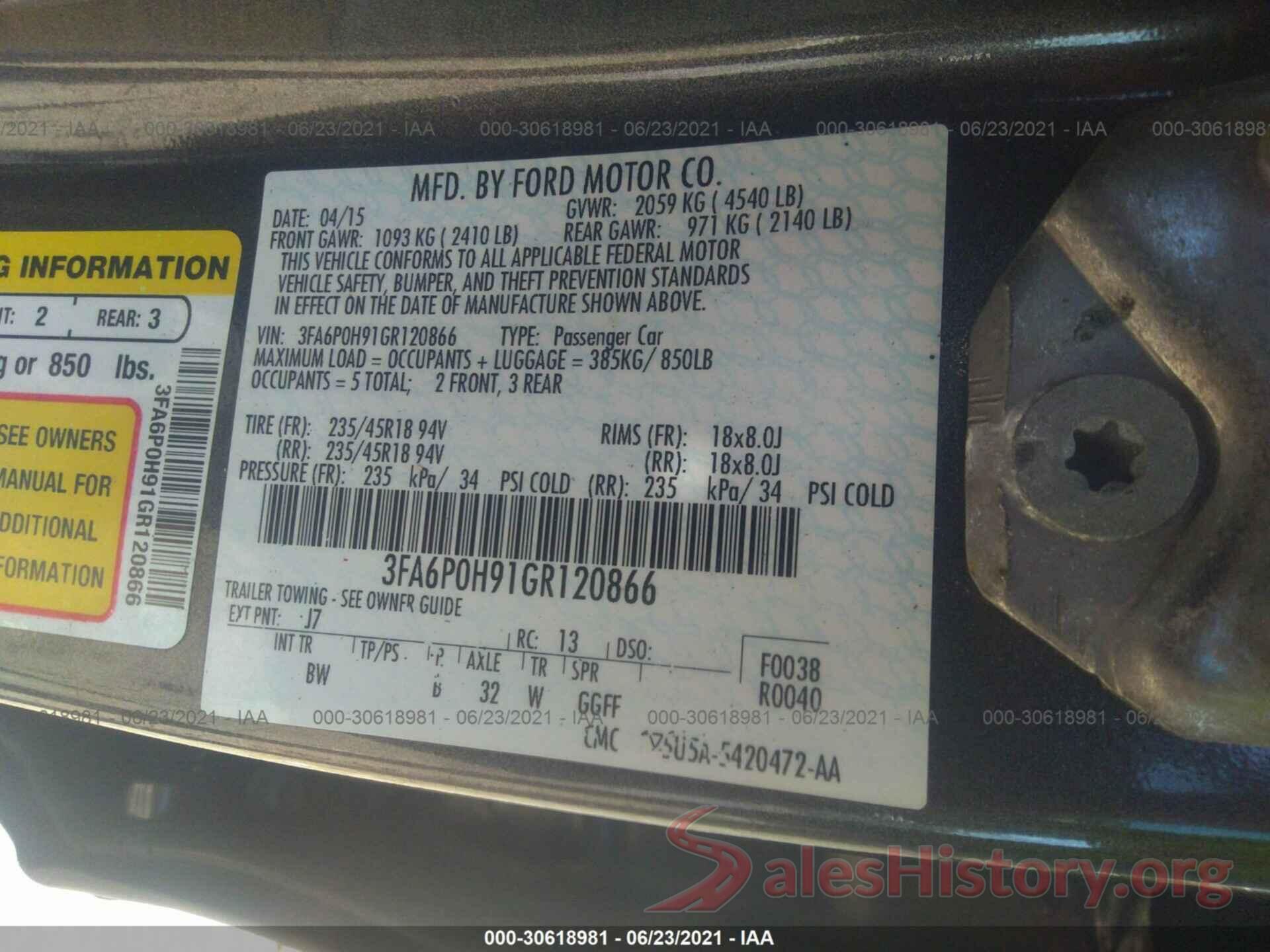 3FA6P0H91GR120866 2016 FORD FUSION