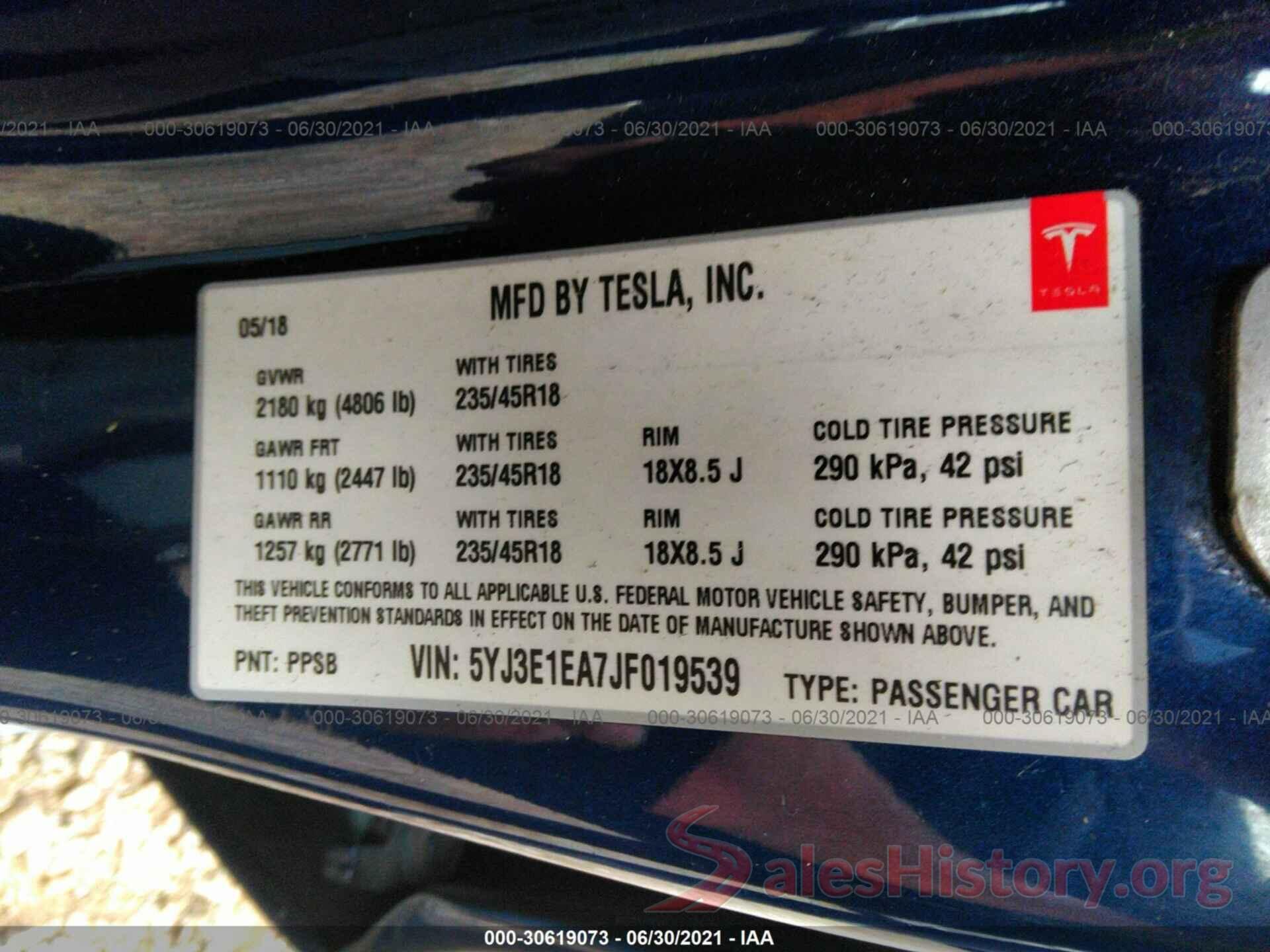 5YJ3E1EA7JF019539 2018 TESLA MODEL 3