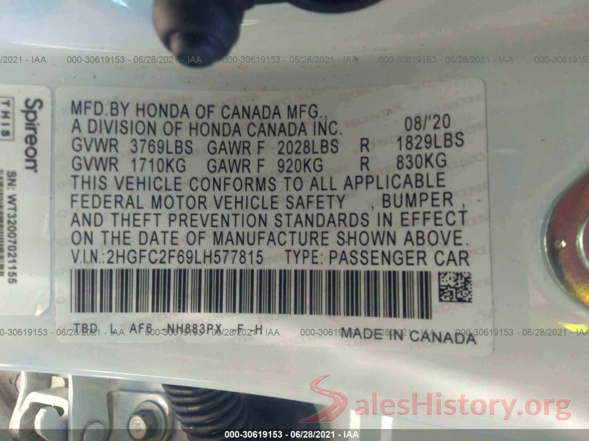 2HGFC2F69LH577815 2020 HONDA CIVIC SEDAN