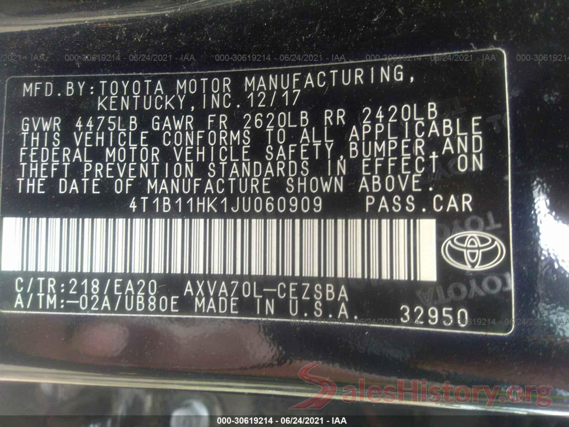 4T1B11HK1JU060909 2018 TOYOTA CAMRY