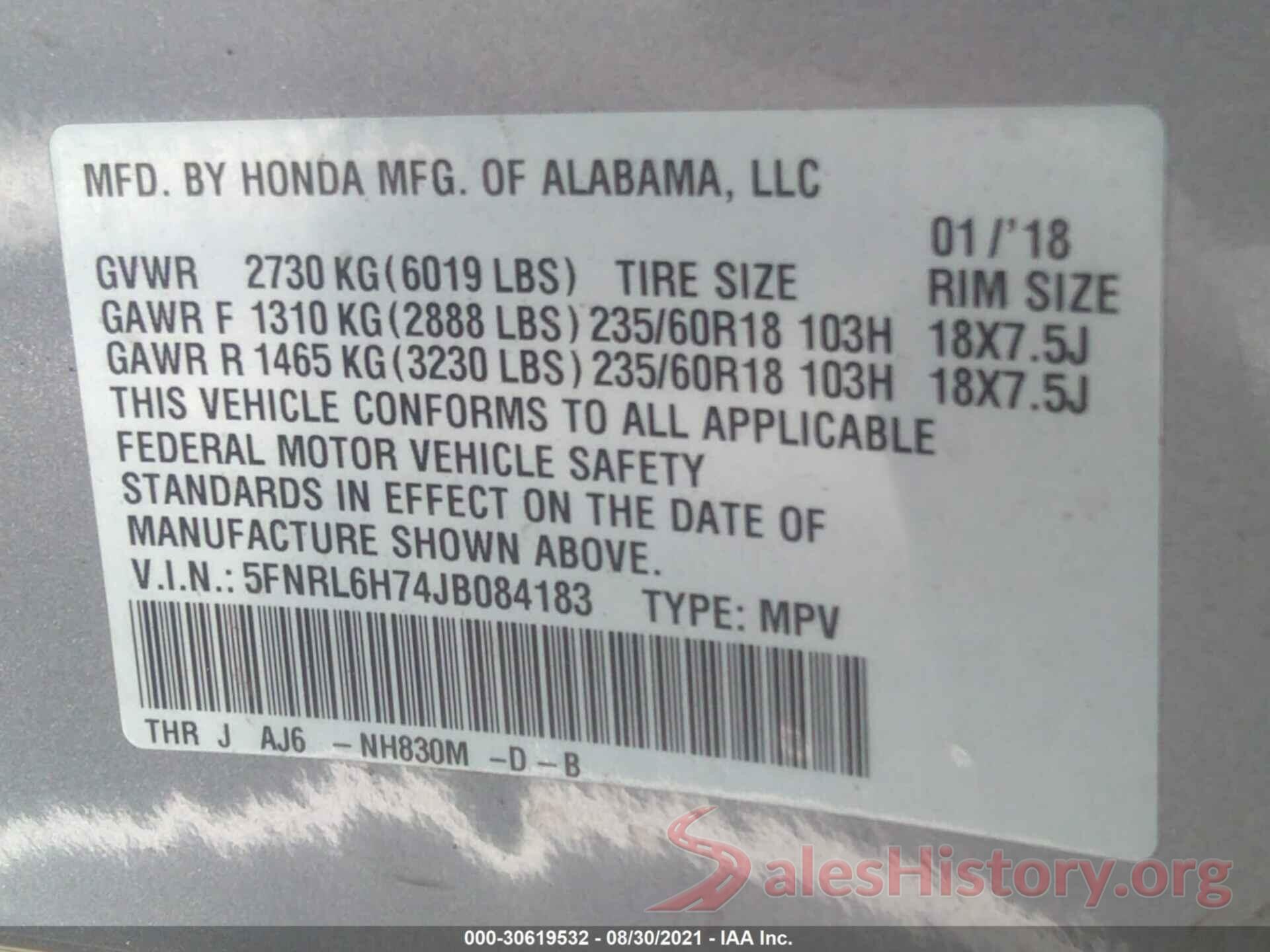 5FNRL6H74JB084183 2018 HONDA ODYSSEY