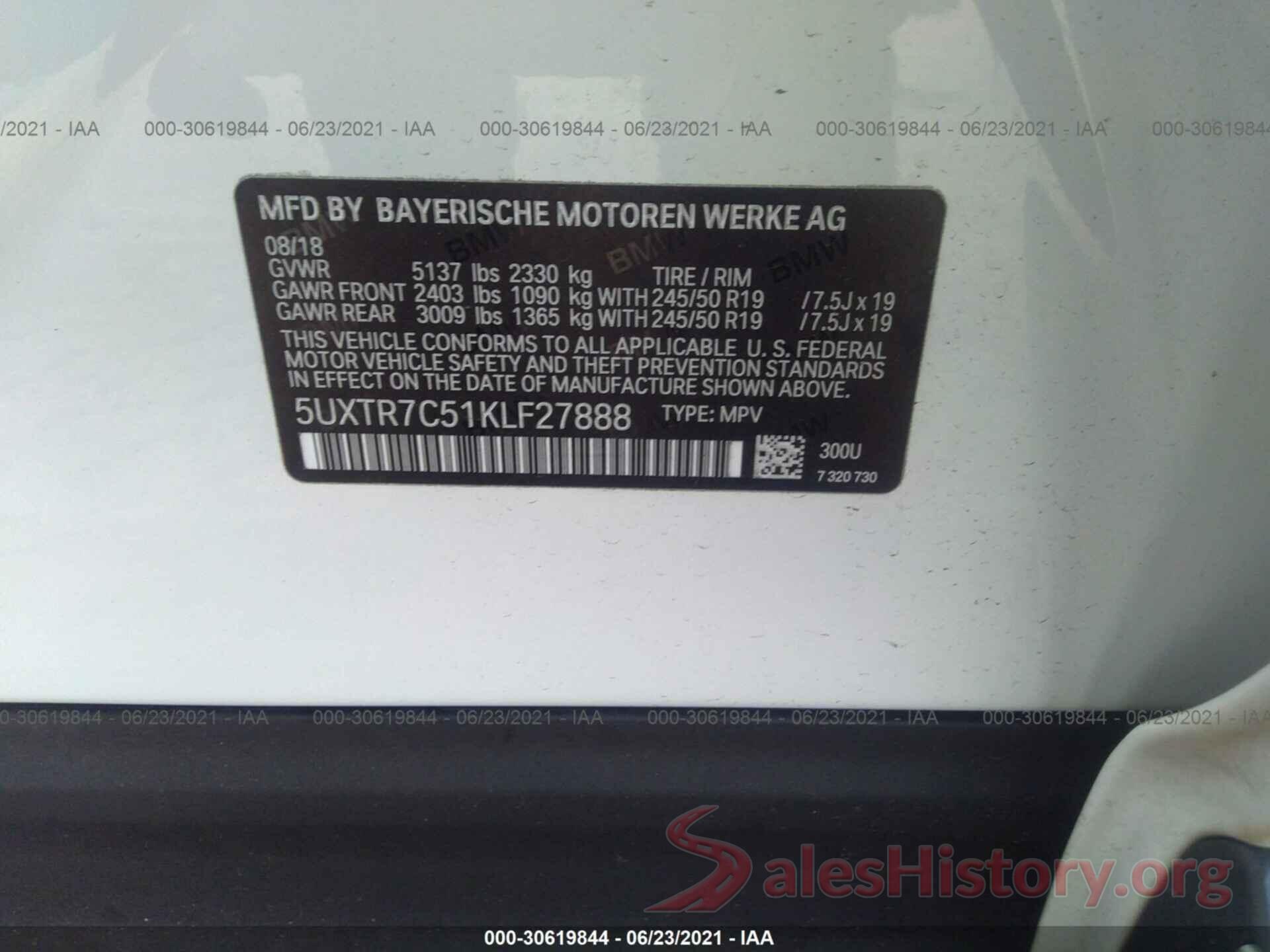 5UXTR7C51KLF27888 2019 BMW X3