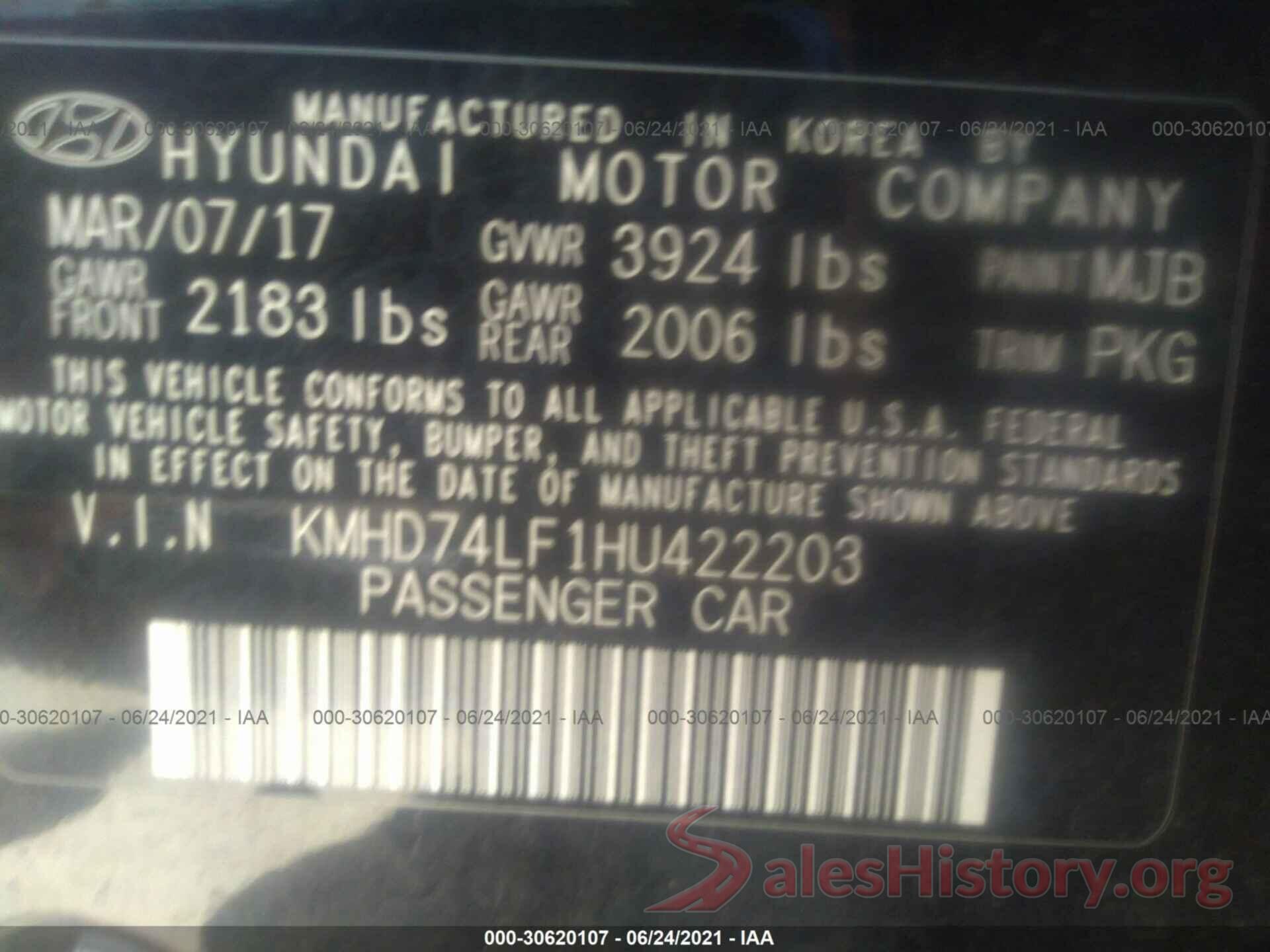 KMHD74LF1HU422203 2017 HYUNDAI ELANTRA