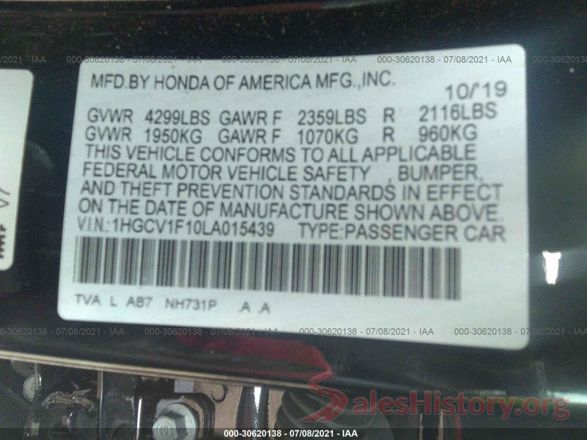 1HGCV1F10LA015439 2020 HONDA ACCORD SEDAN