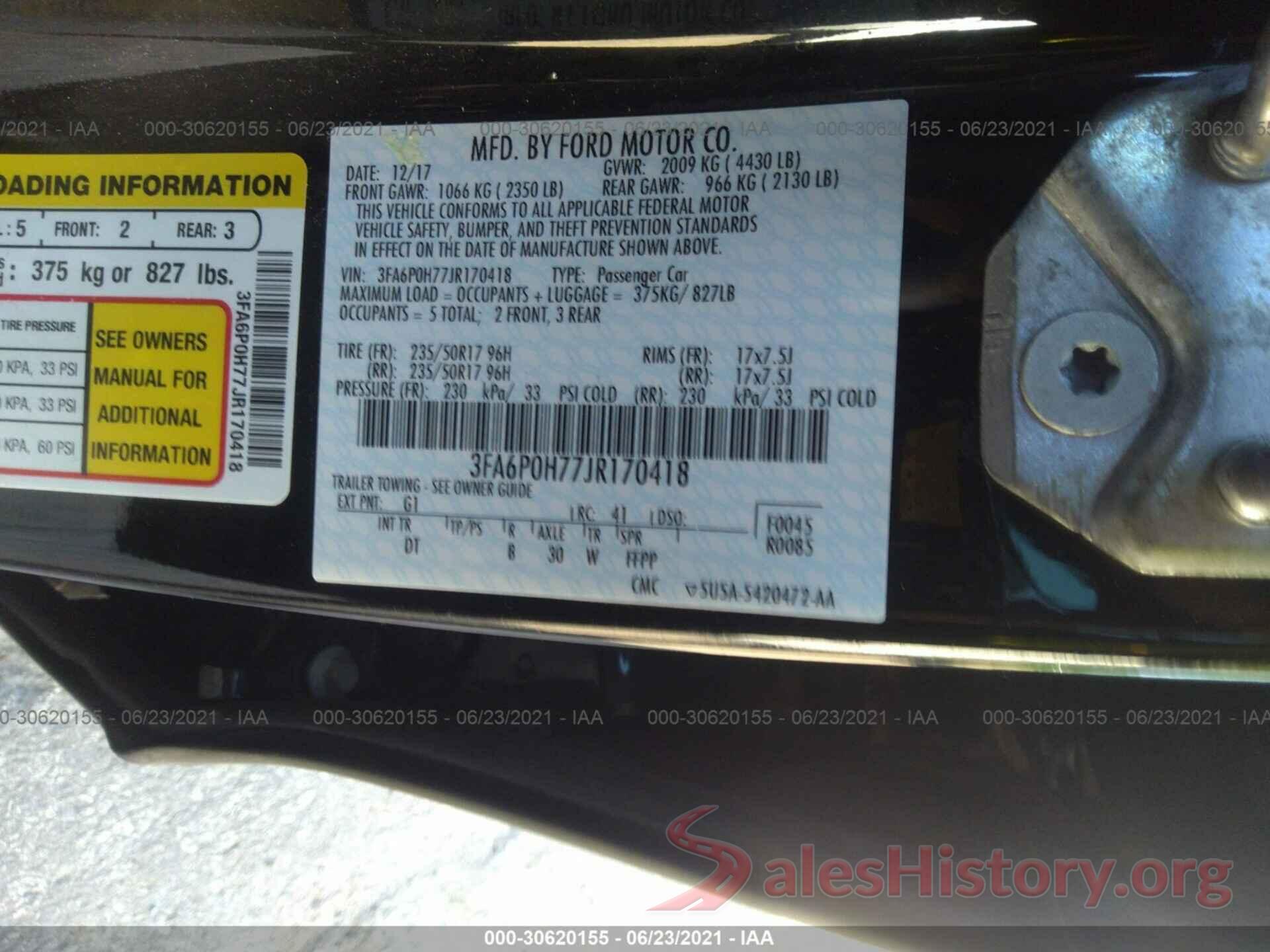 3FA6P0H77JR170418 2018 FORD FUSION