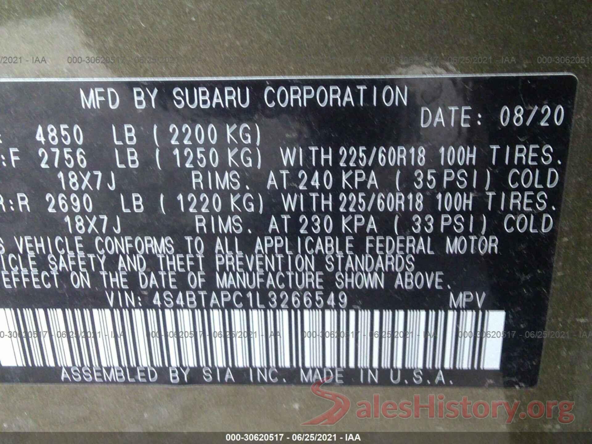 4S4BTAPC1L3266549 2020 SUBARU OUTBACK