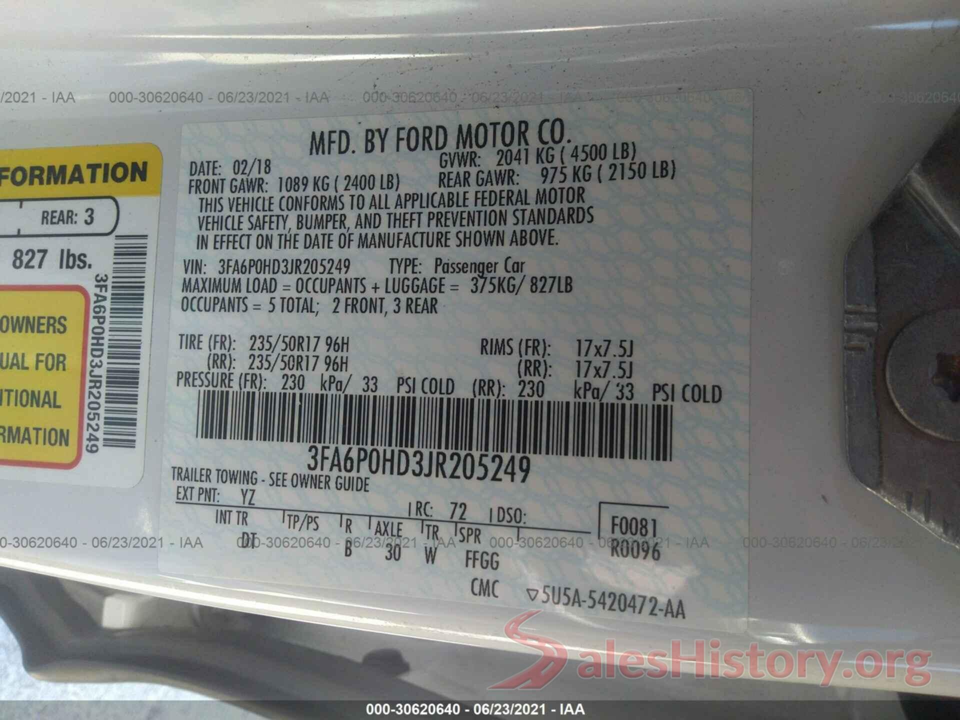 3FA6P0HD3JR205249 2018 FORD FUSION