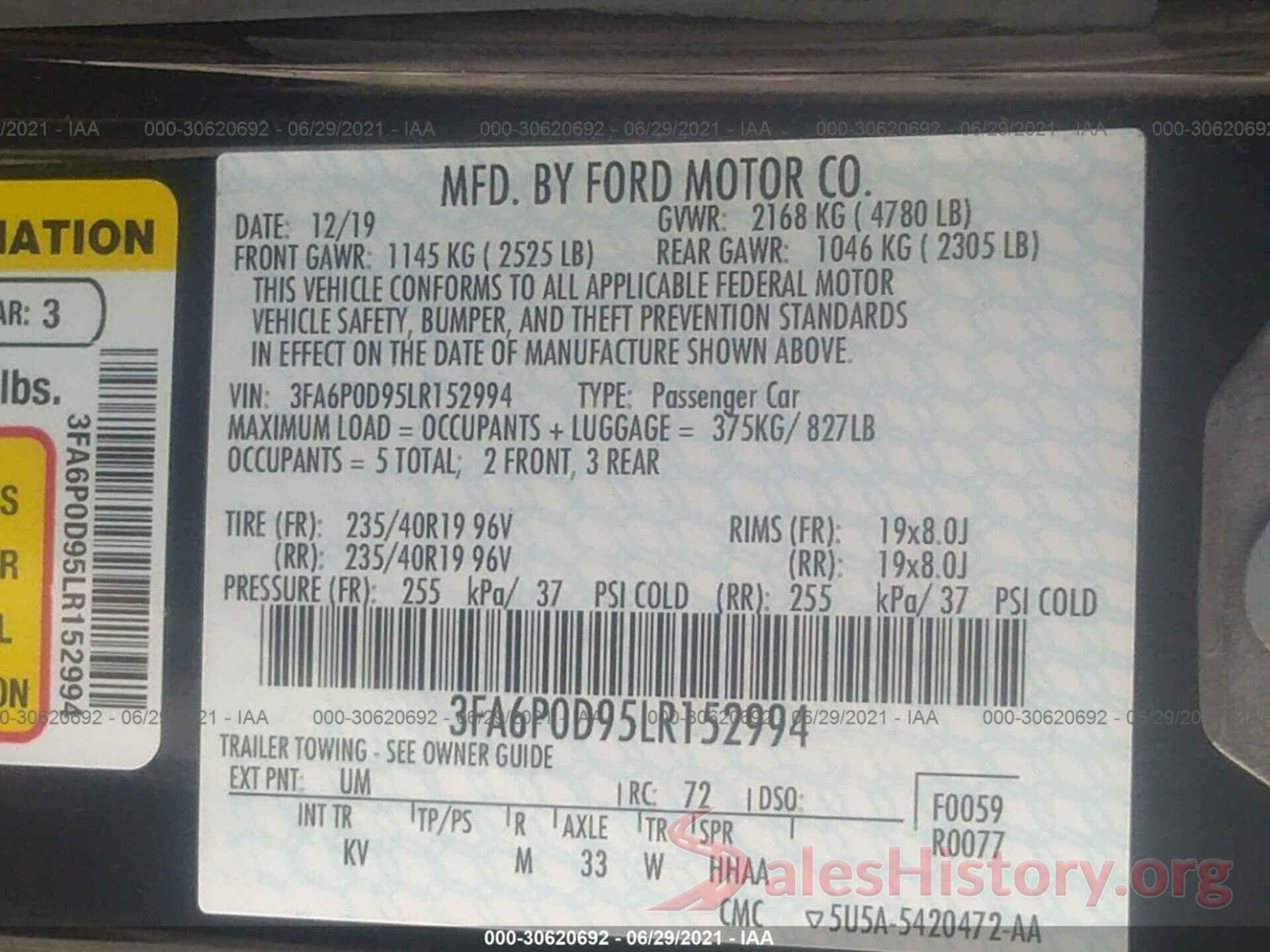 3FA6P0D95LR152994 2020 FORD FUSION