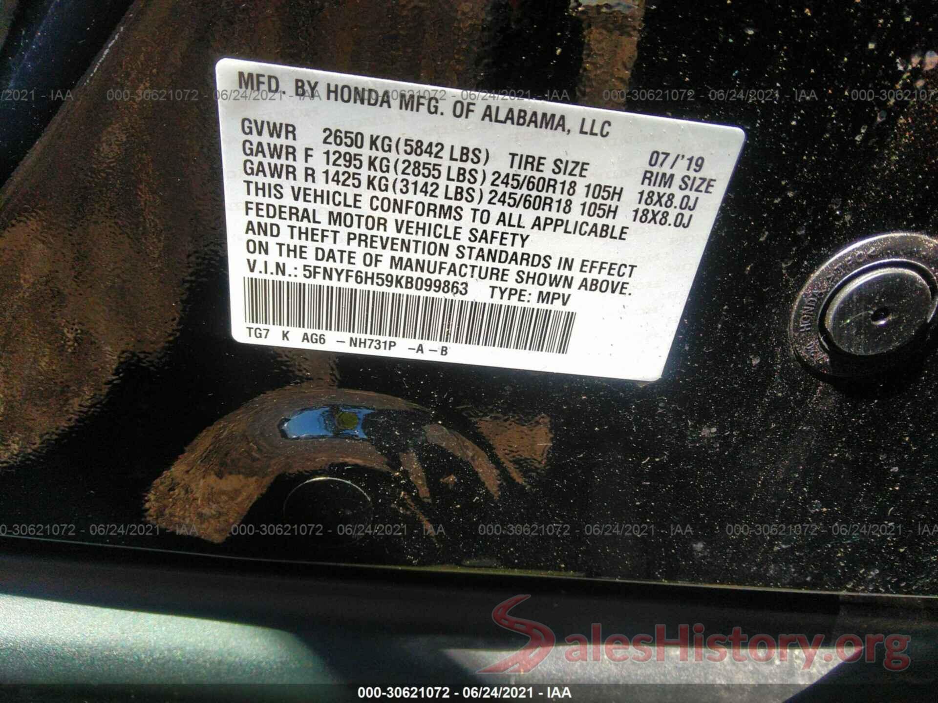 5FNYF6H59KB099863 2019 HONDA PILOT