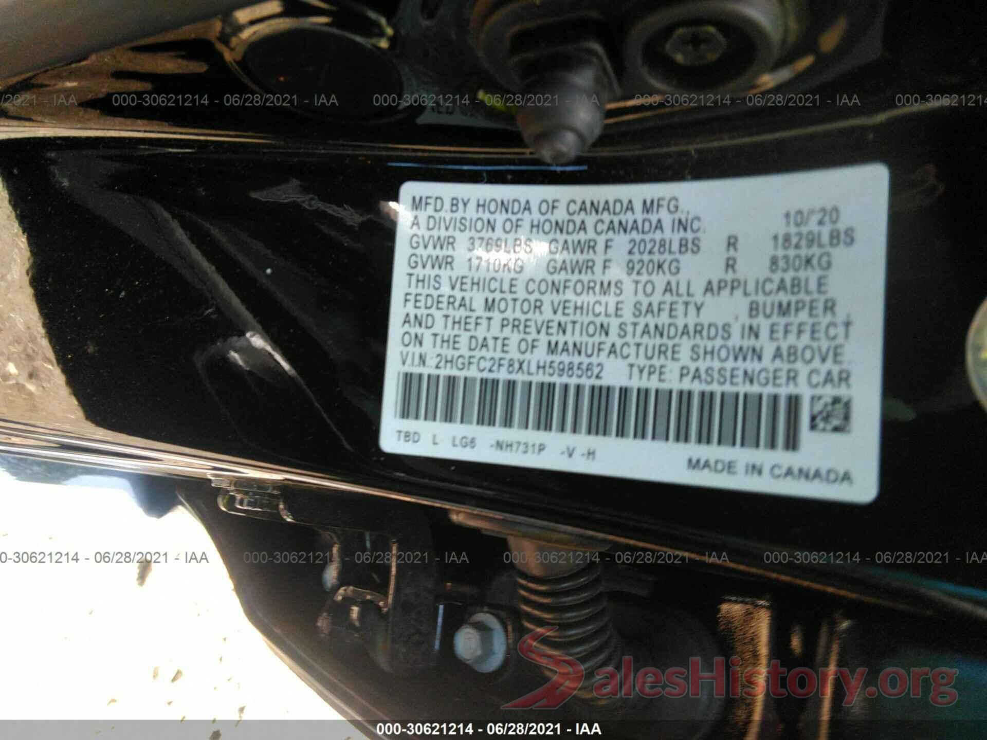 2HGFC2F8XLH598562 2020 HONDA CIVIC SEDAN