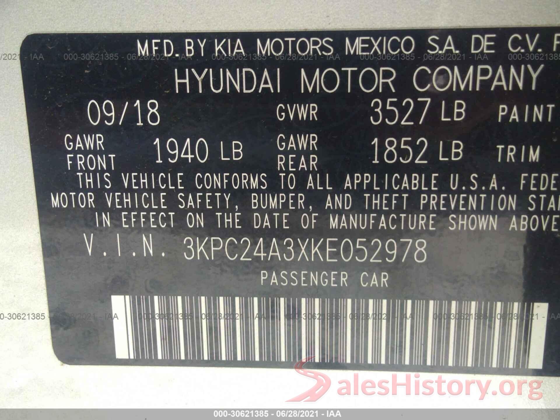 3KPC24A3XKE052978 2019 HYUNDAI ACCENT