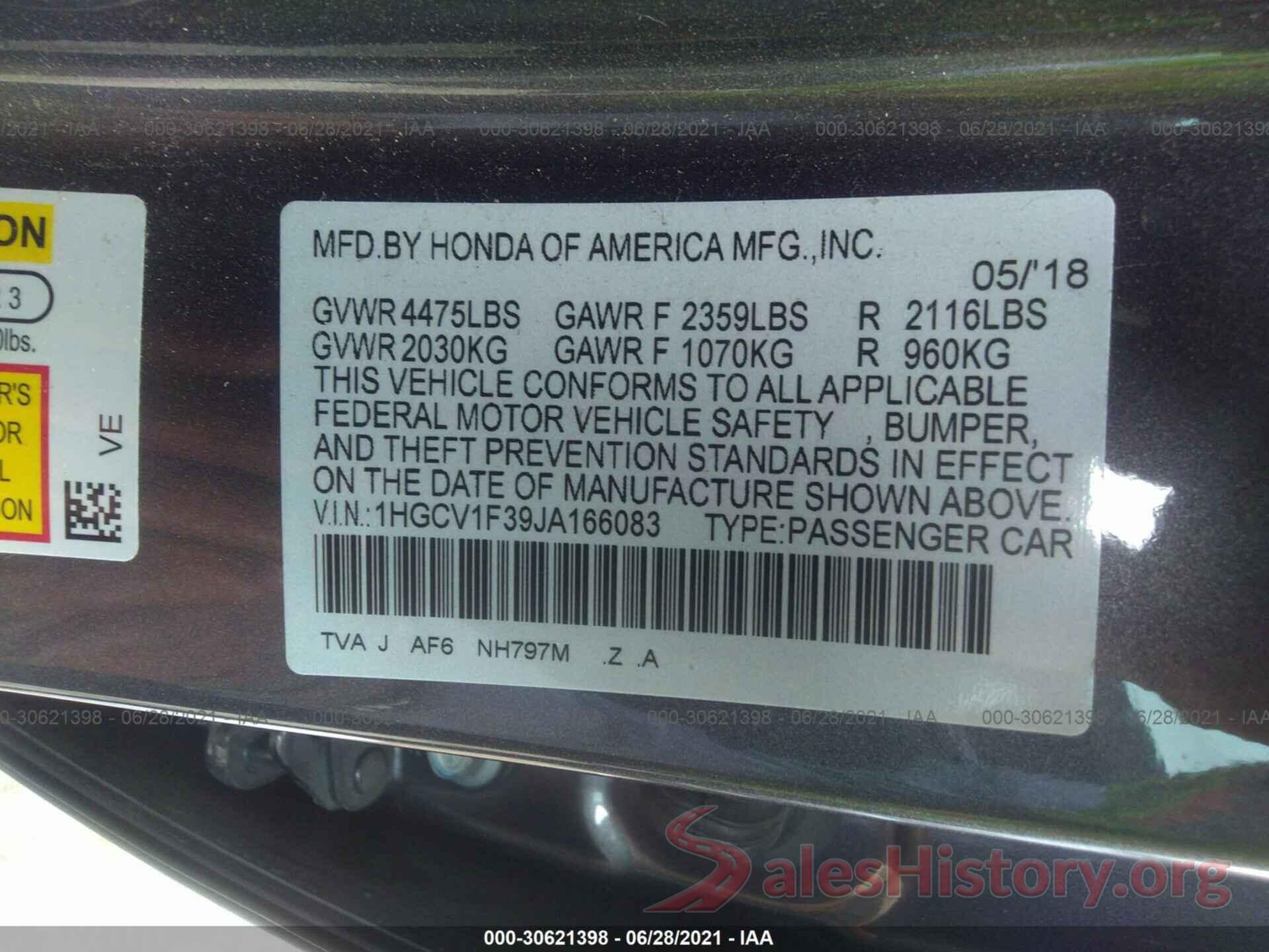 1HGCV1F39JA166083 2018 HONDA ACCORD SEDAN