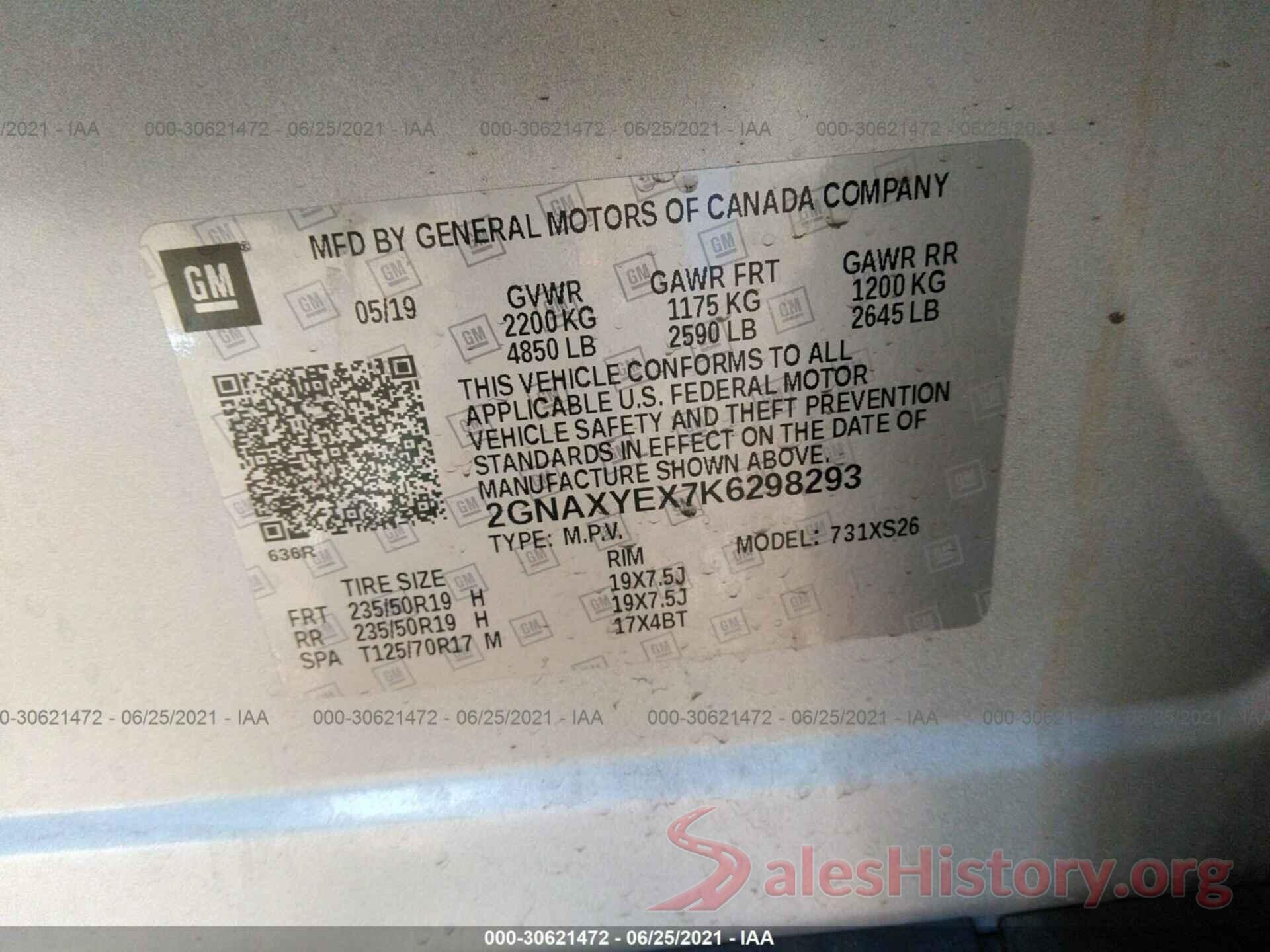 2GNAXYEX7K6298293 2019 CHEVROLET EQUINOX