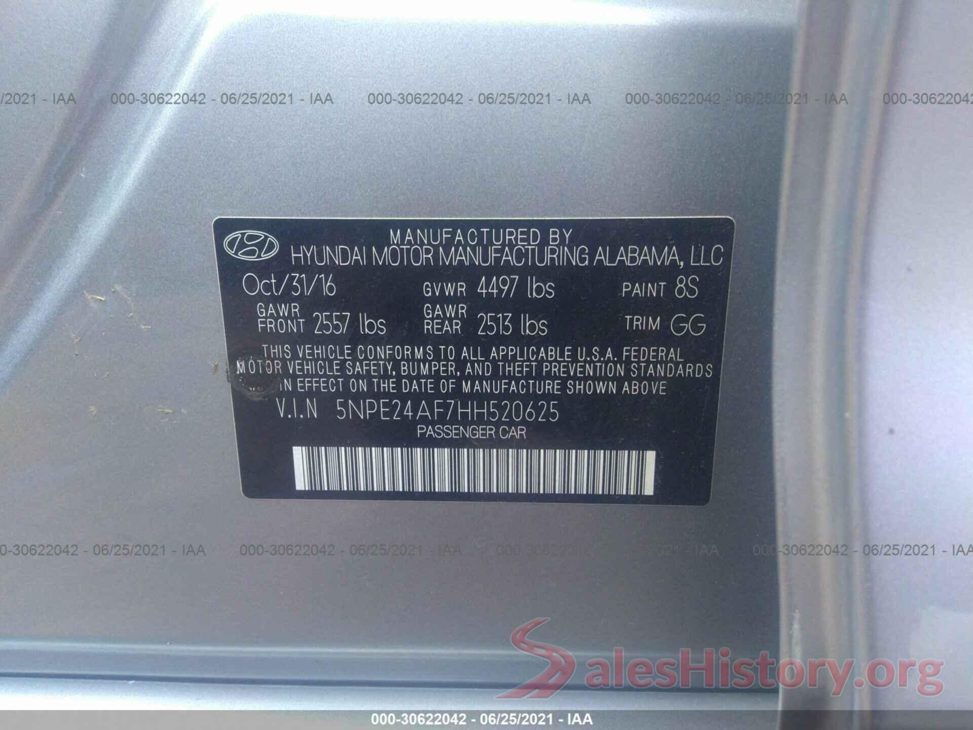 5NPE24AF7HH520625 2017 HYUNDAI SONATA