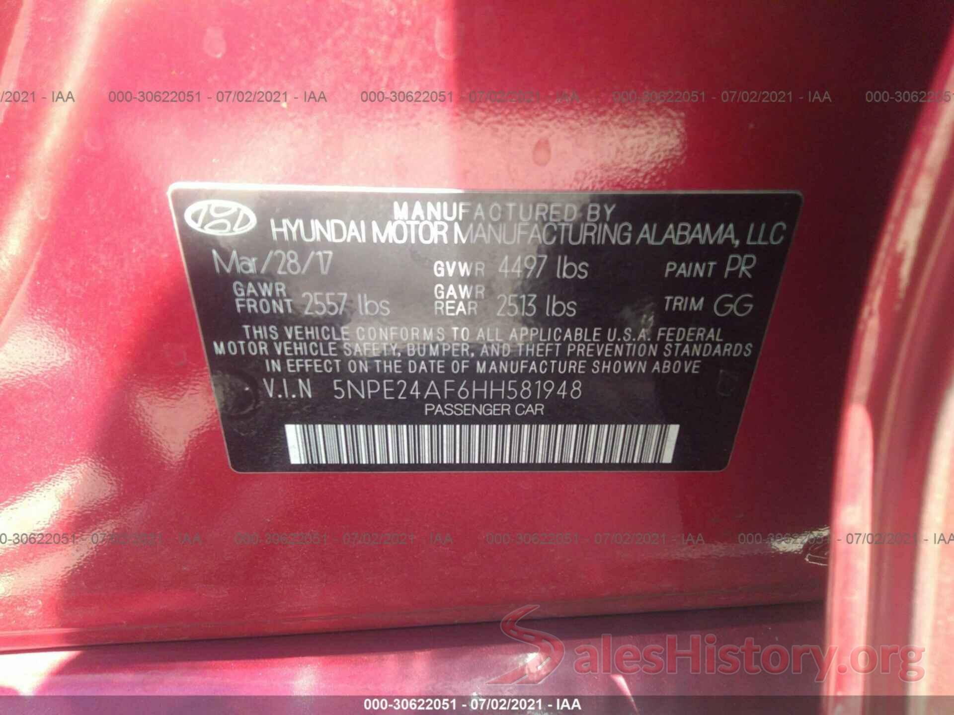 5NPE24AF6HH581948 2017 HYUNDAI SONATA