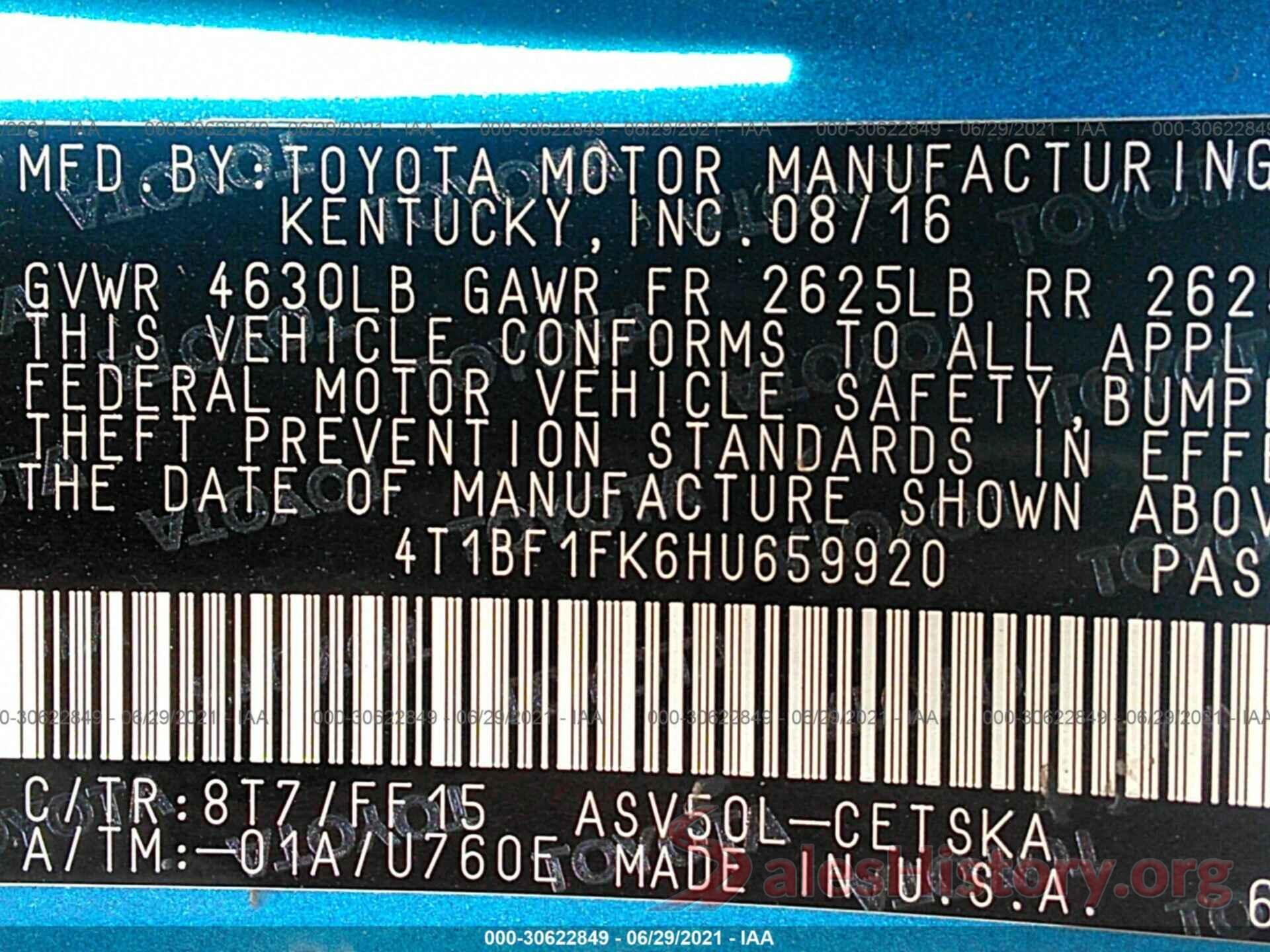 4T1BF1FK6HU659920 2017 TOYOTA CAMRY