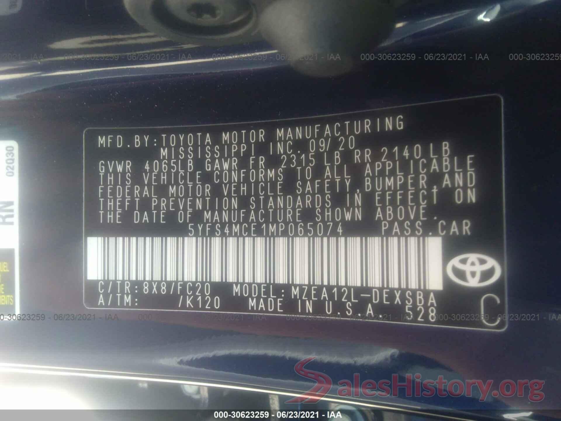 5YFS4MCE1MP065074 2021 TOYOTA COROLLA