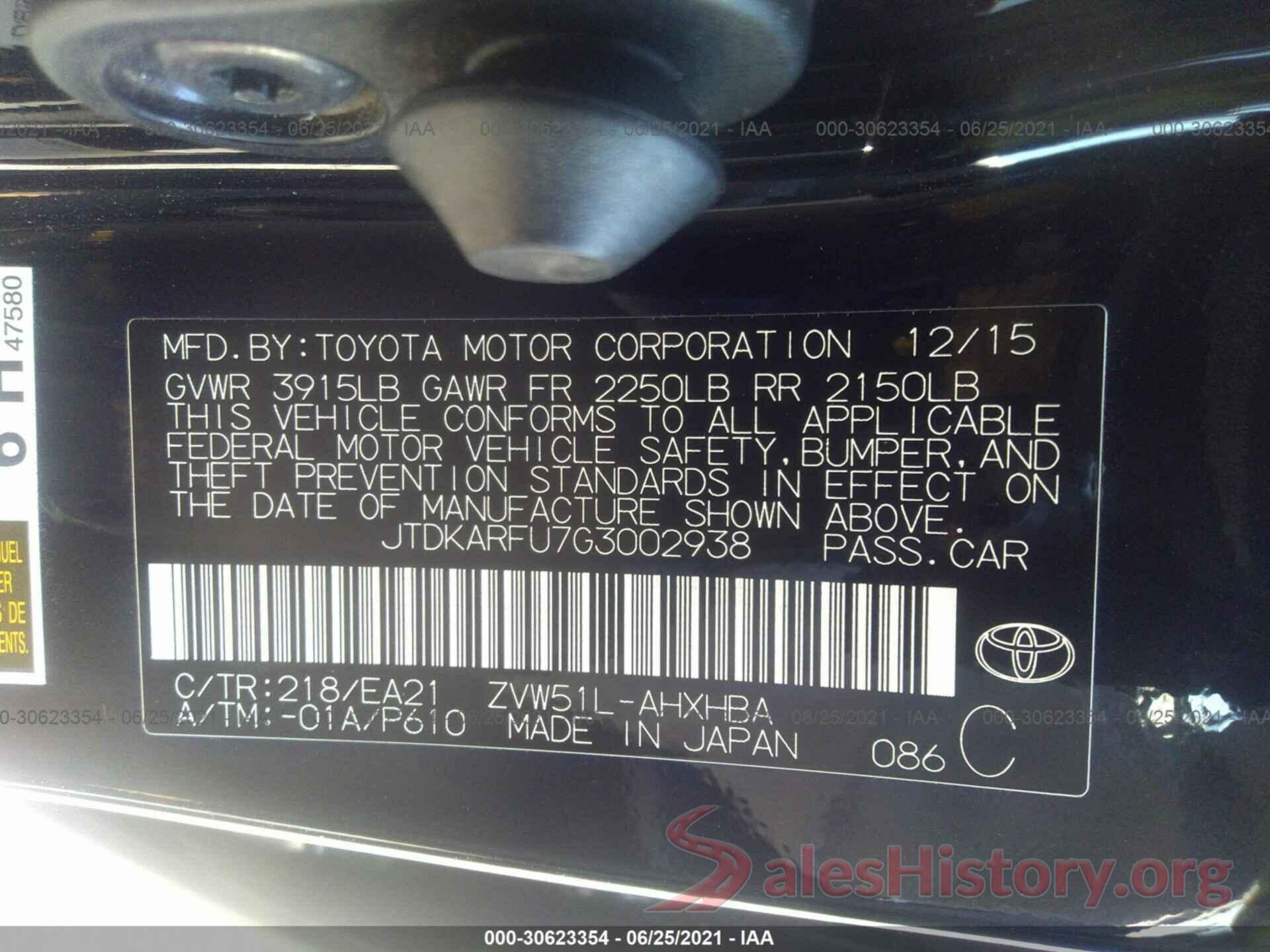 JTDKARFU7G3002938 2016 TOYOTA PRIUS