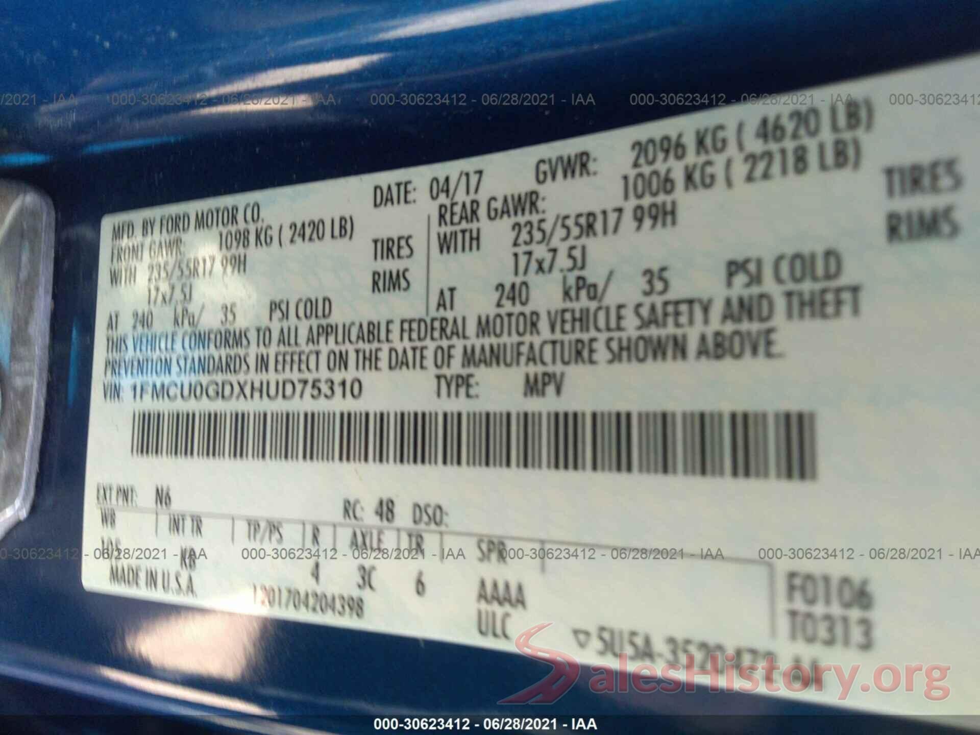 1FMCU0GDXHUD75310 2017 FORD ESCAPE