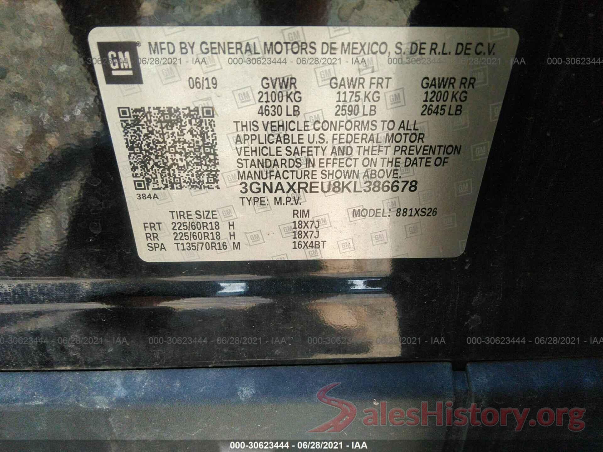 3GNAXREU8KL386678 2019 CHEVROLET EQUINOX