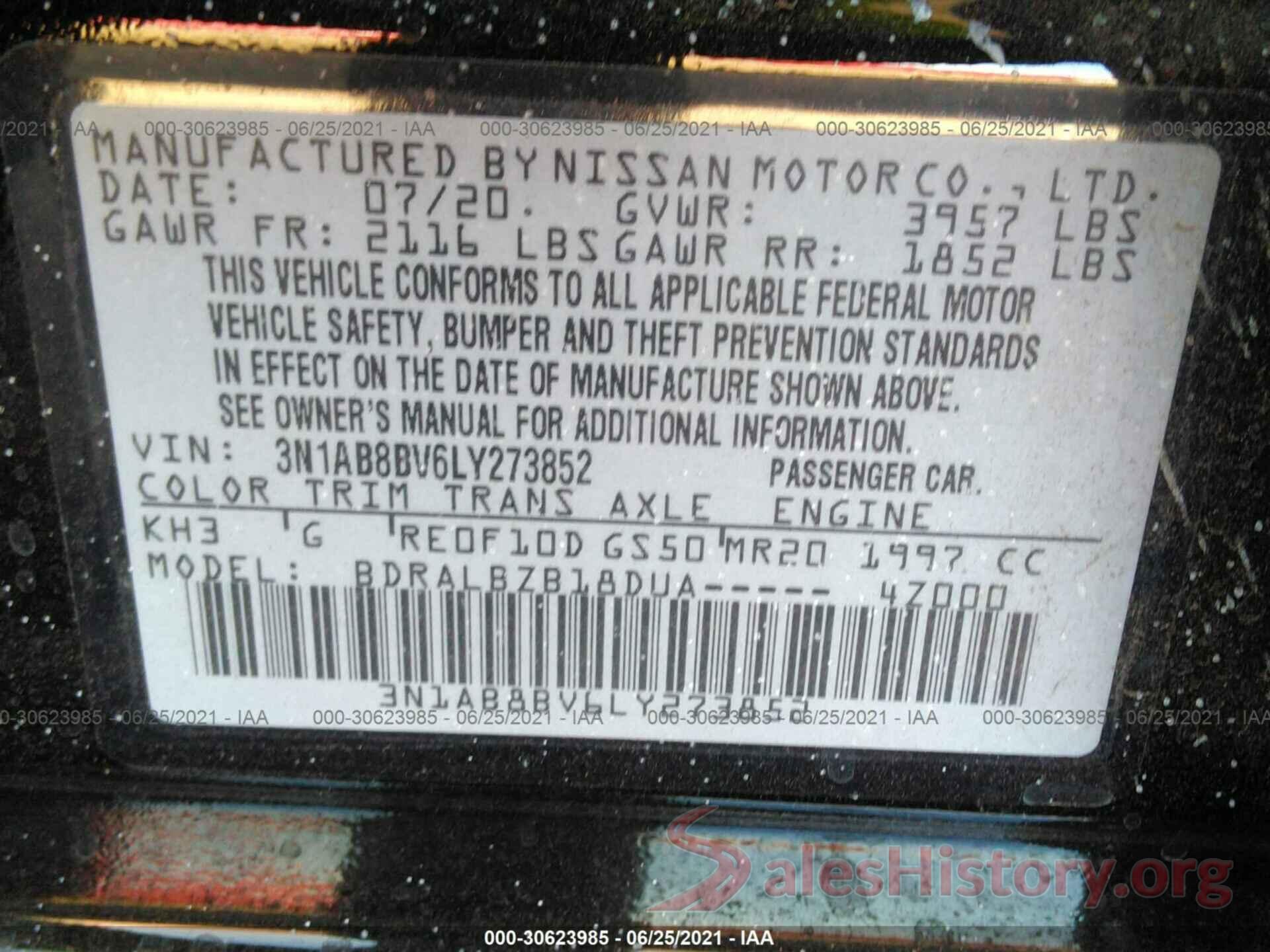 3N1AB8BV6LY273852 2020 NISSAN SENTRA