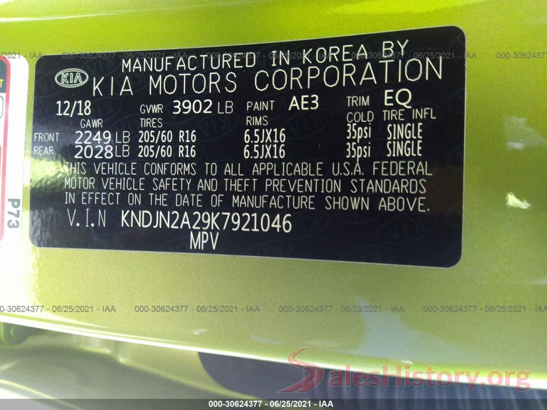 KNDJN2A29K7921046 2019 KIA SOUL