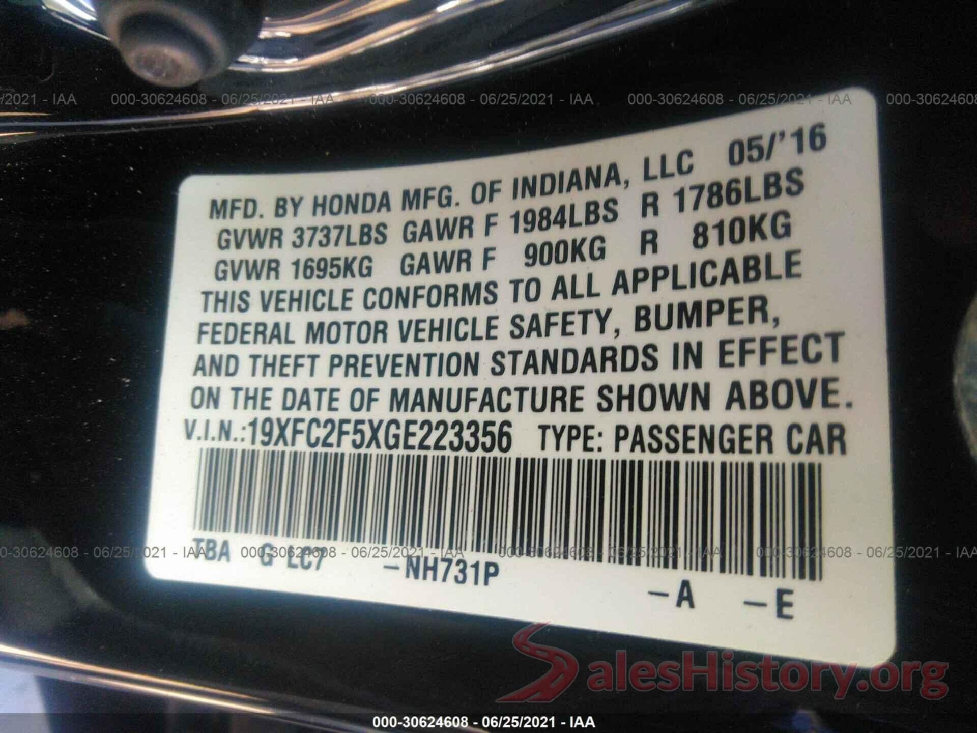 19XFC2F5XGE223356 2016 HONDA CIVIC SEDAN