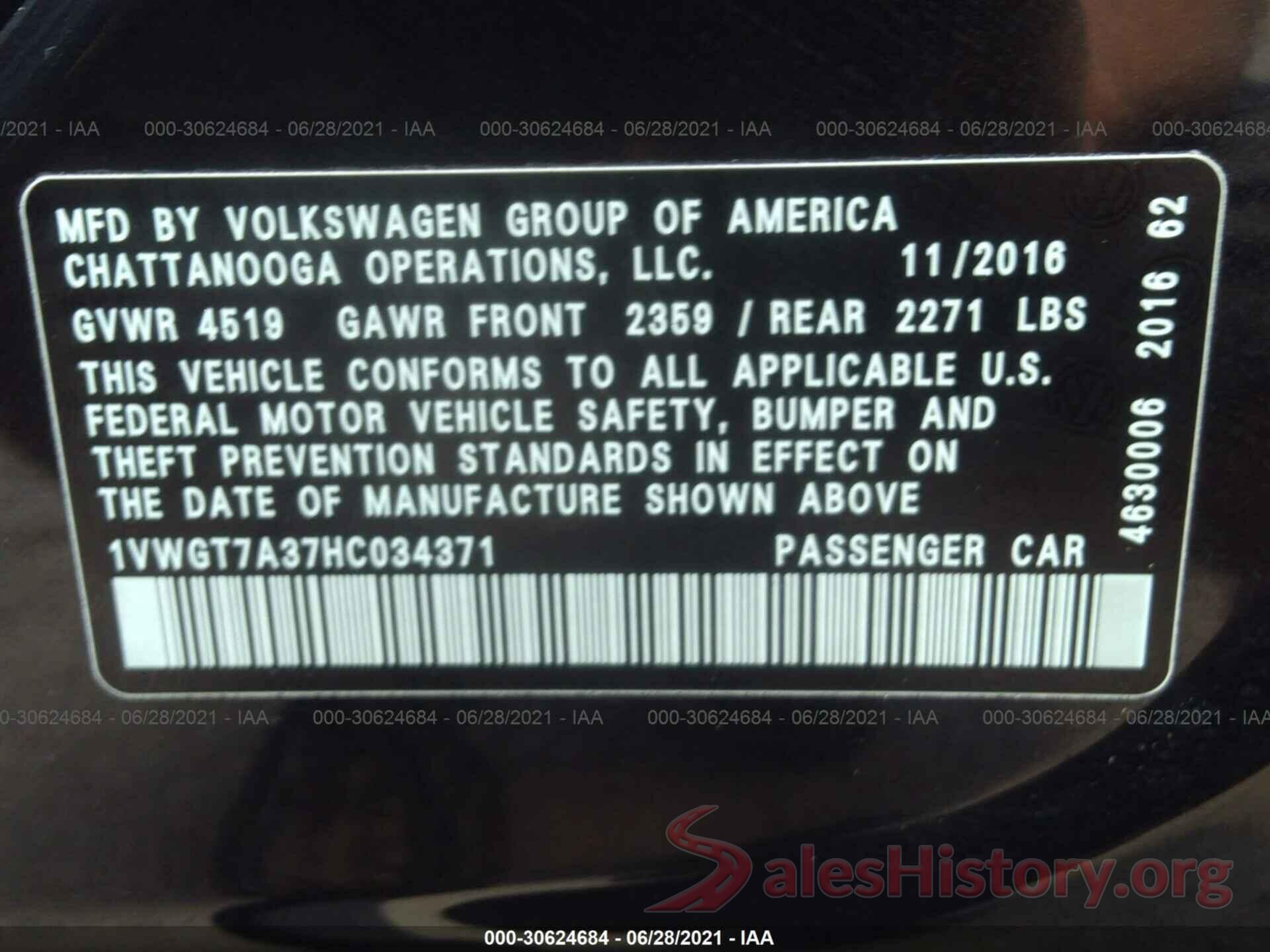 1VWGT7A37HC034371 2017 VOLKSWAGEN PASSAT