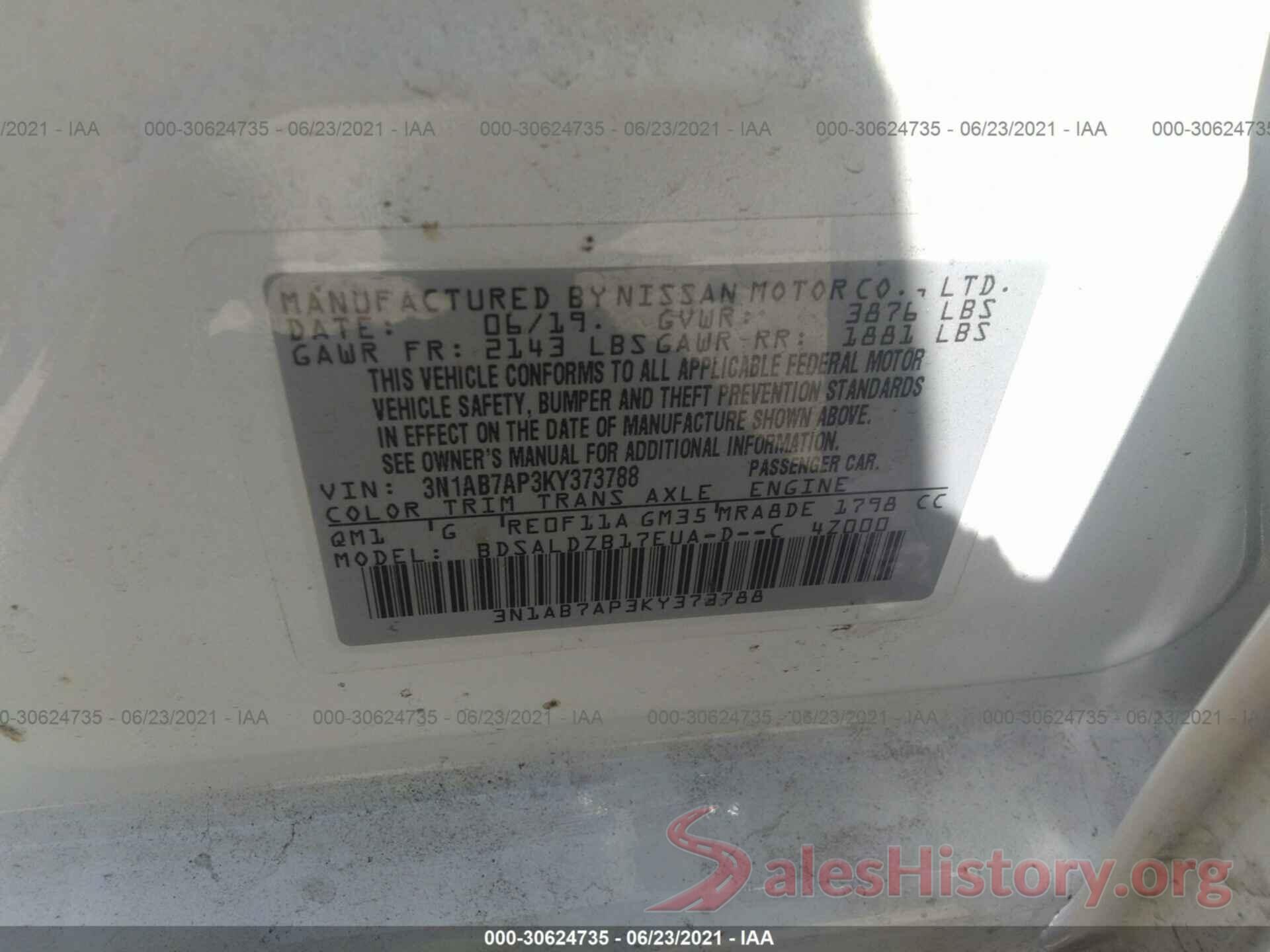 3N1AB7AP3KY373788 2019 NISSAN SENTRA