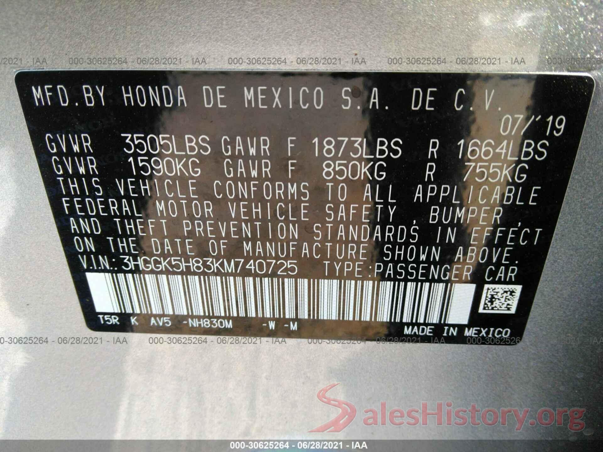 3HGGK5H83KM740725 2019 HONDA FIT