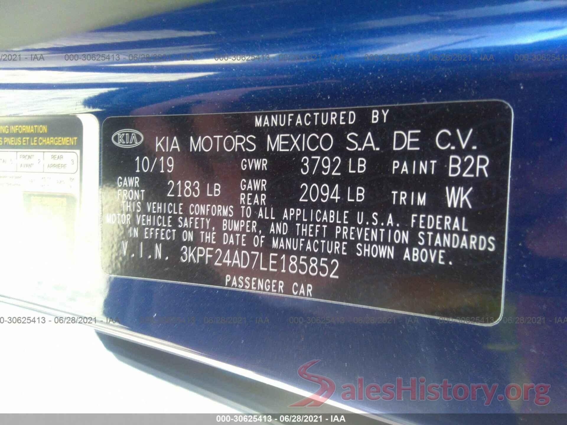 3KPF24AD7LE185852 2020 KIA FORTE