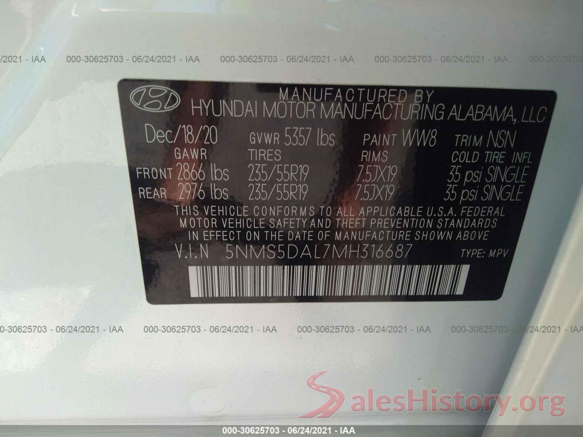 5NMS5DAL7MH316687 2021 HYUNDAI SANTA FE