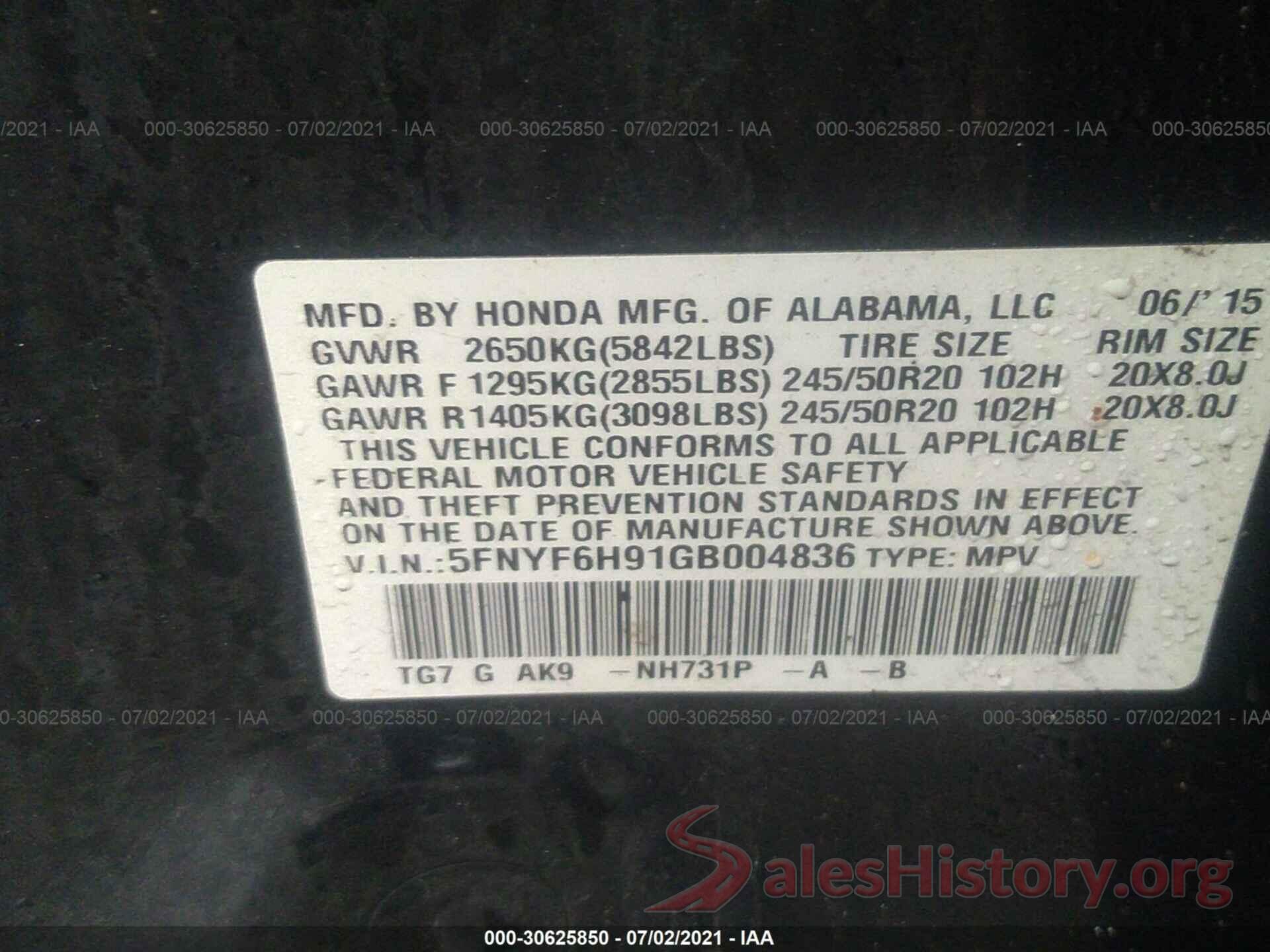 5FNYF6H91GB004836 2016 HONDA PILOT