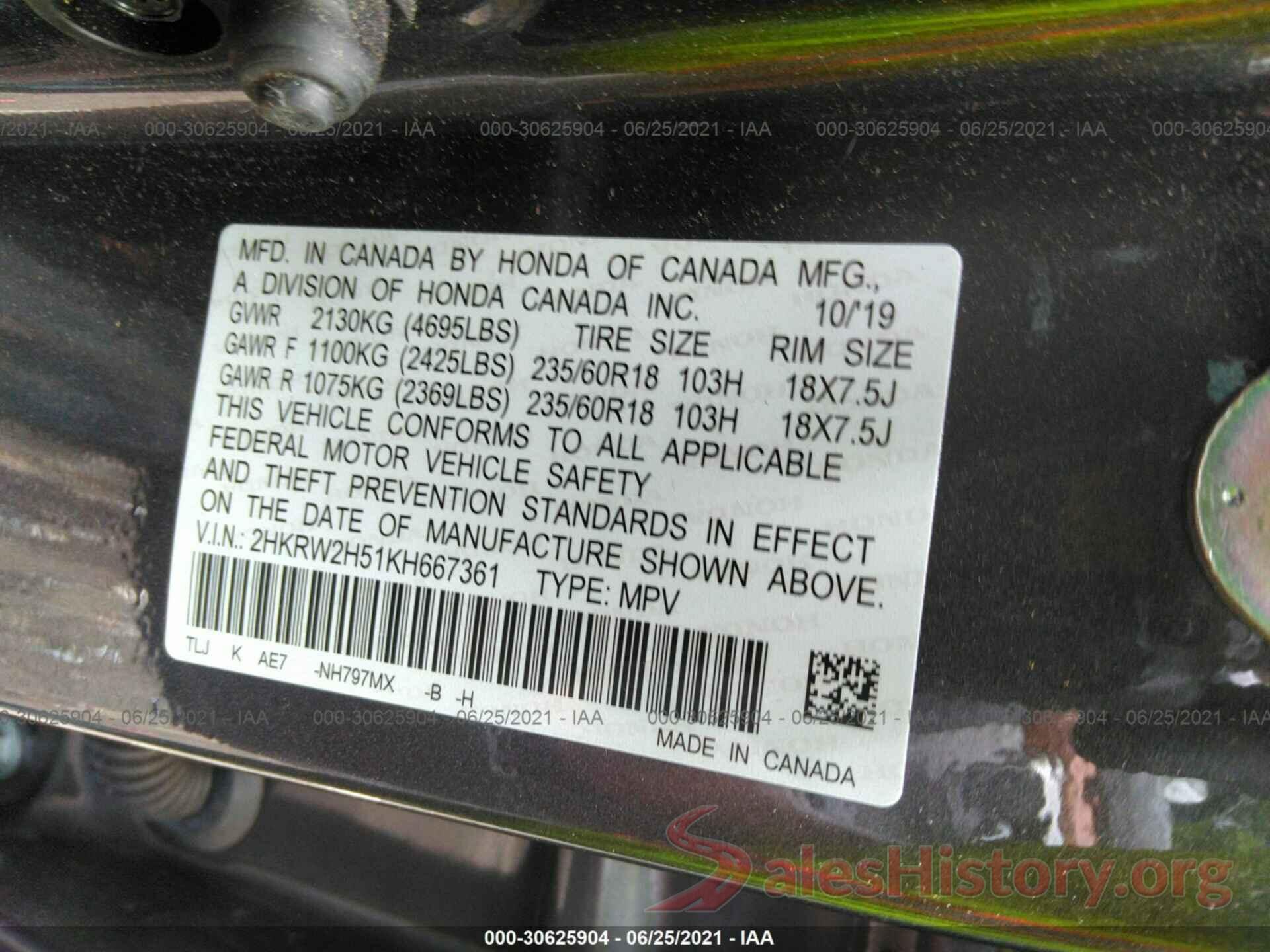 2HKRW2H51KH667361 2019 HONDA CR-V