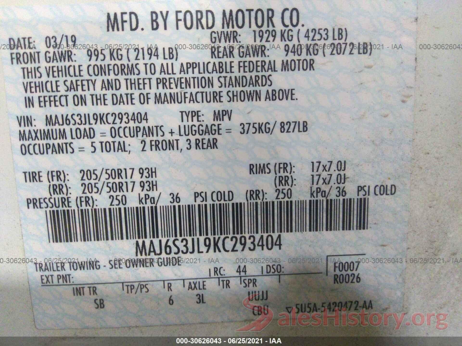 MAJ6S3JL9KC293404 2019 FORD ECOSPORT