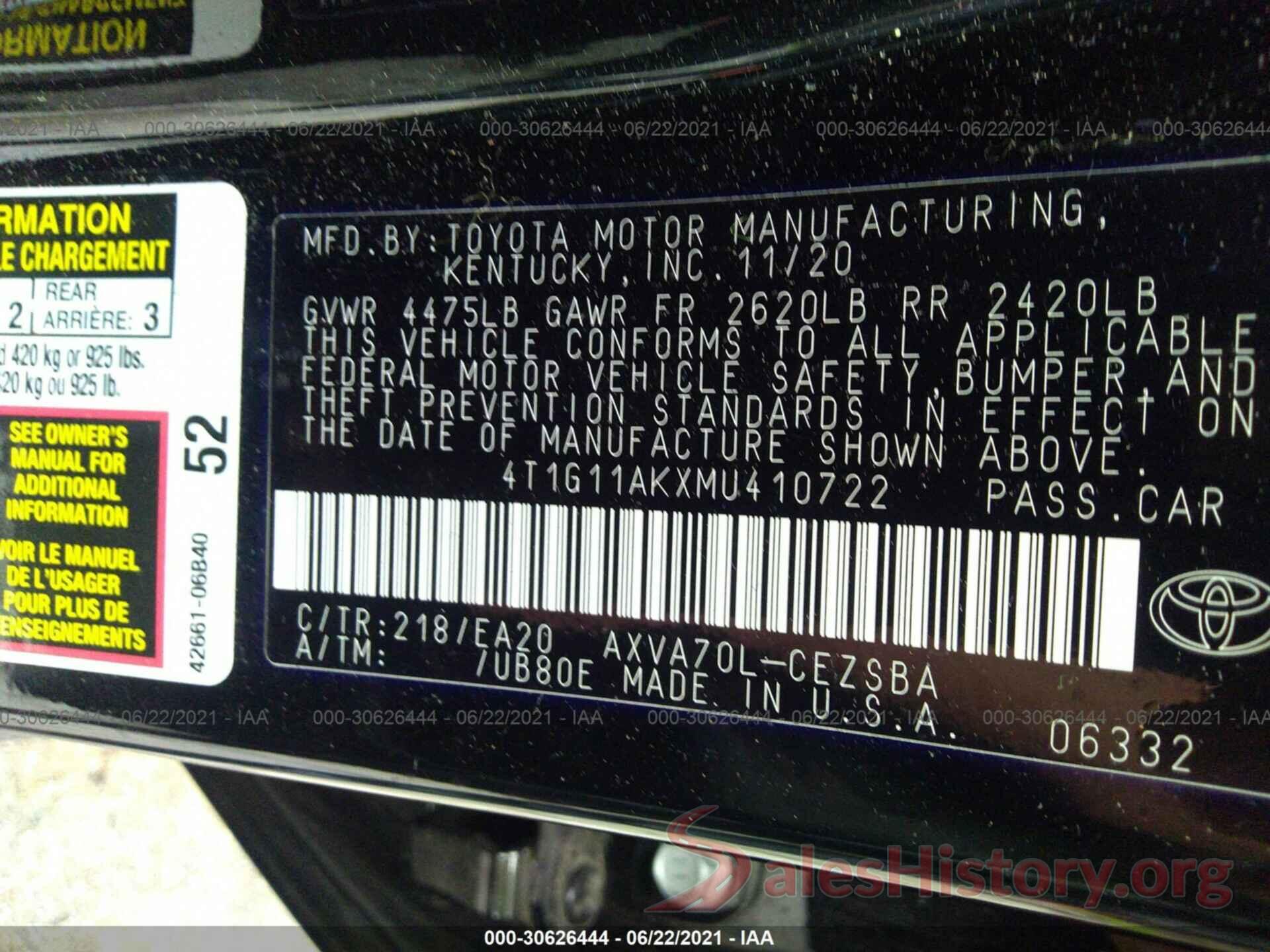 4T1G11AKXMU410722 2021 TOYOTA CAMRY