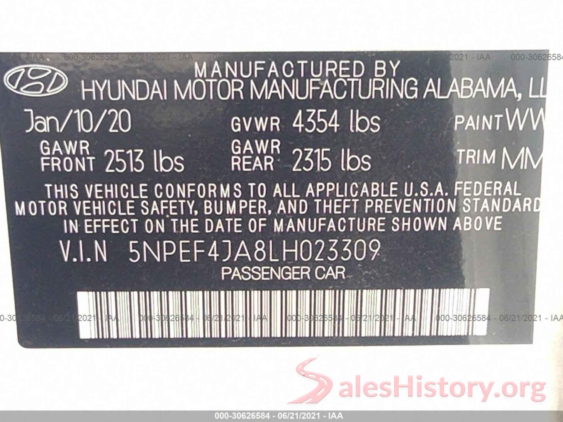 5NPEF4JA8LH023309 2020 HYUNDAI SONATA