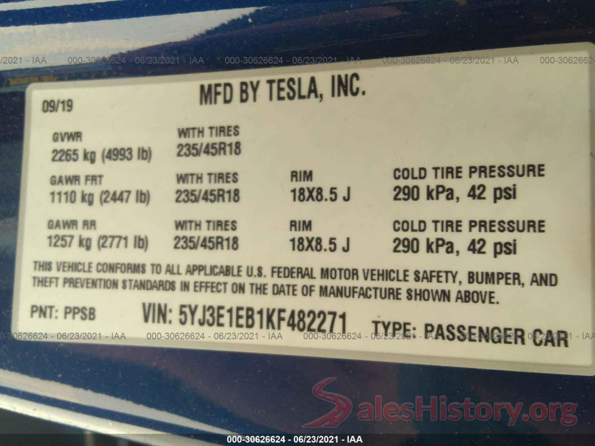 5YJ3E1EB1KF482271 2019 TESLA MODEL 3