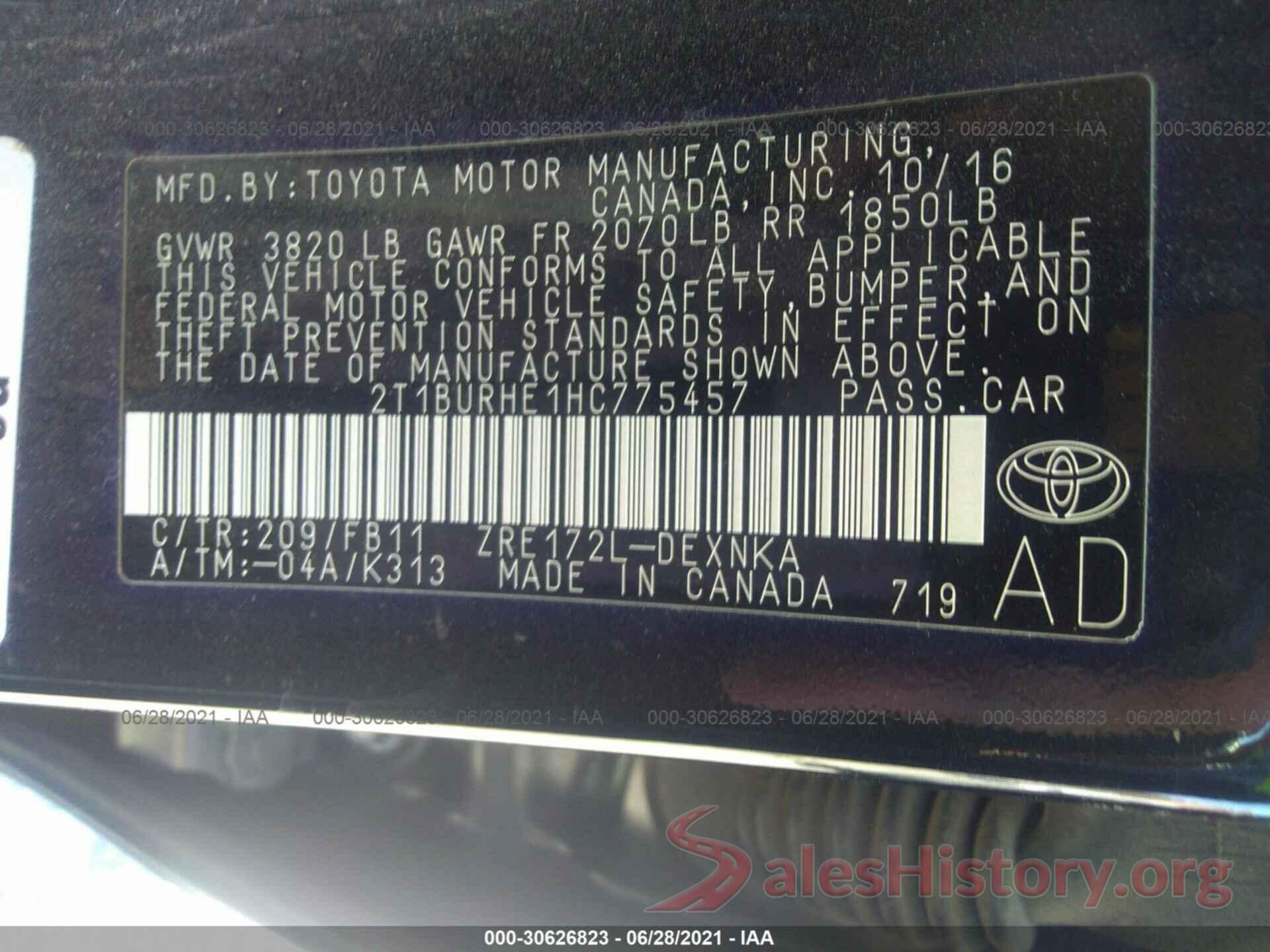 2T1BURHE1HC775457 2017 TOYOTA COROLLA