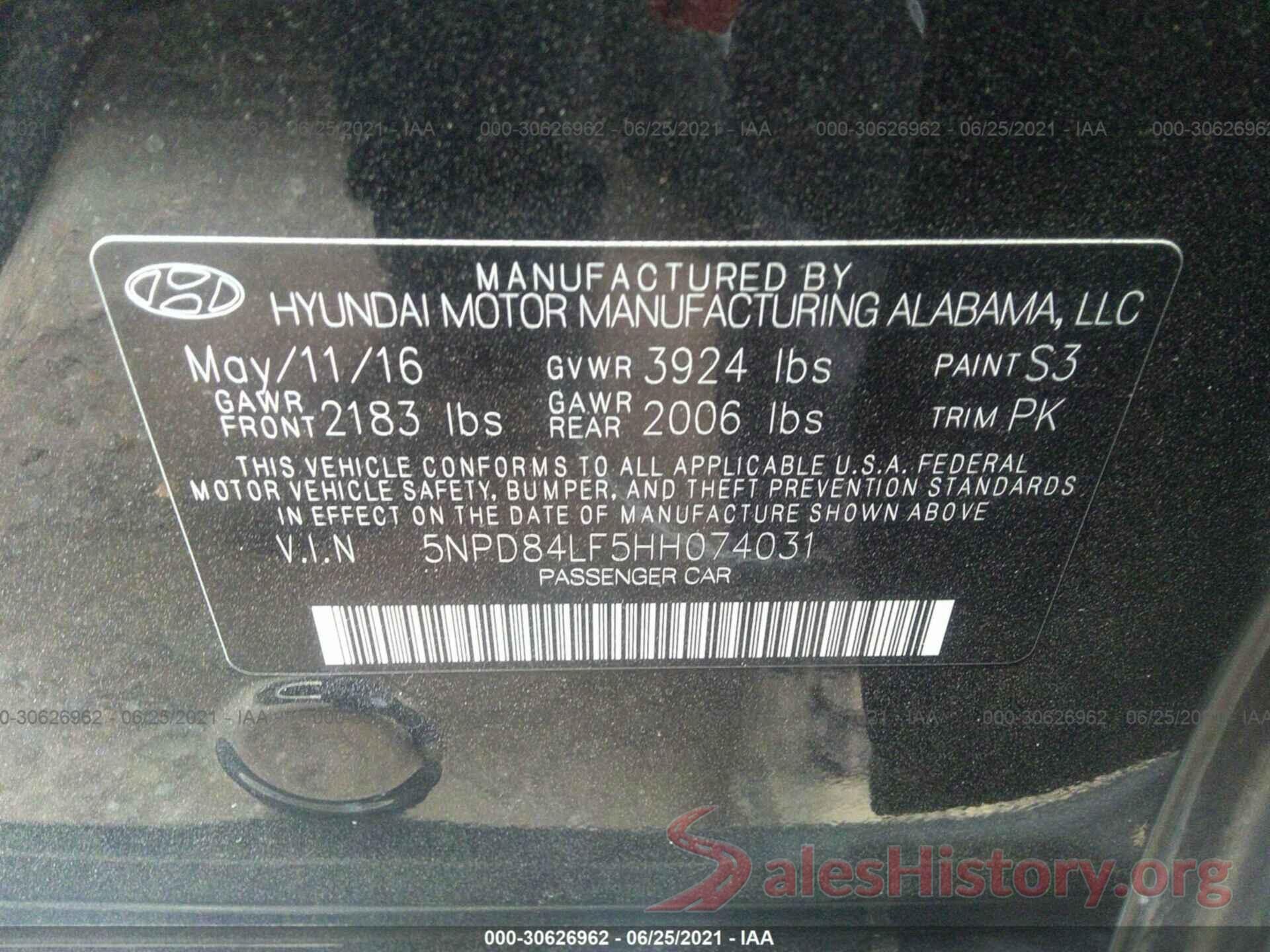 5NPD84LF5HH074031 2017 HYUNDAI ELANTRA