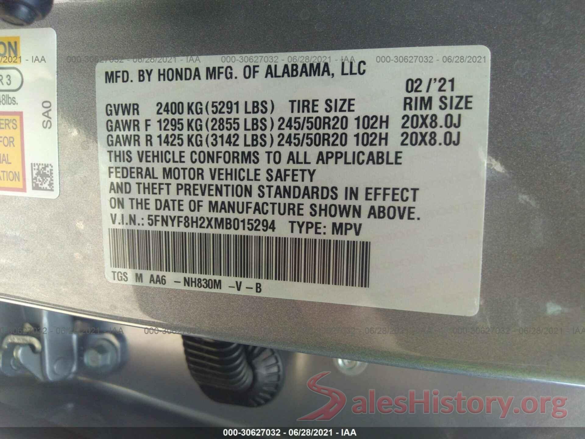 5FNYF8H2XMB015294 2021 HONDA PASSPORT