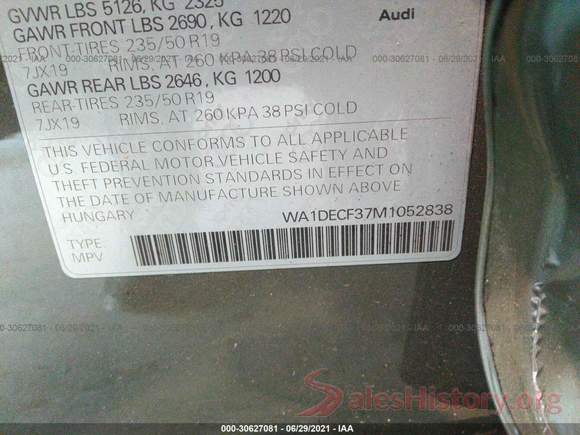 WA1DECF37M1052838 2021 AUDI Q3