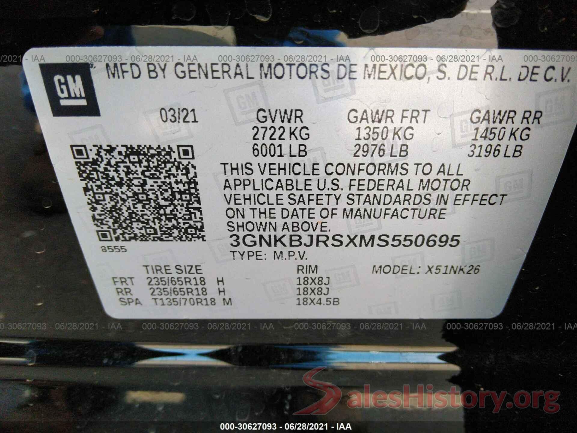 3GNKBJRSXMS550695 2021 CHEVROLET BLAZER