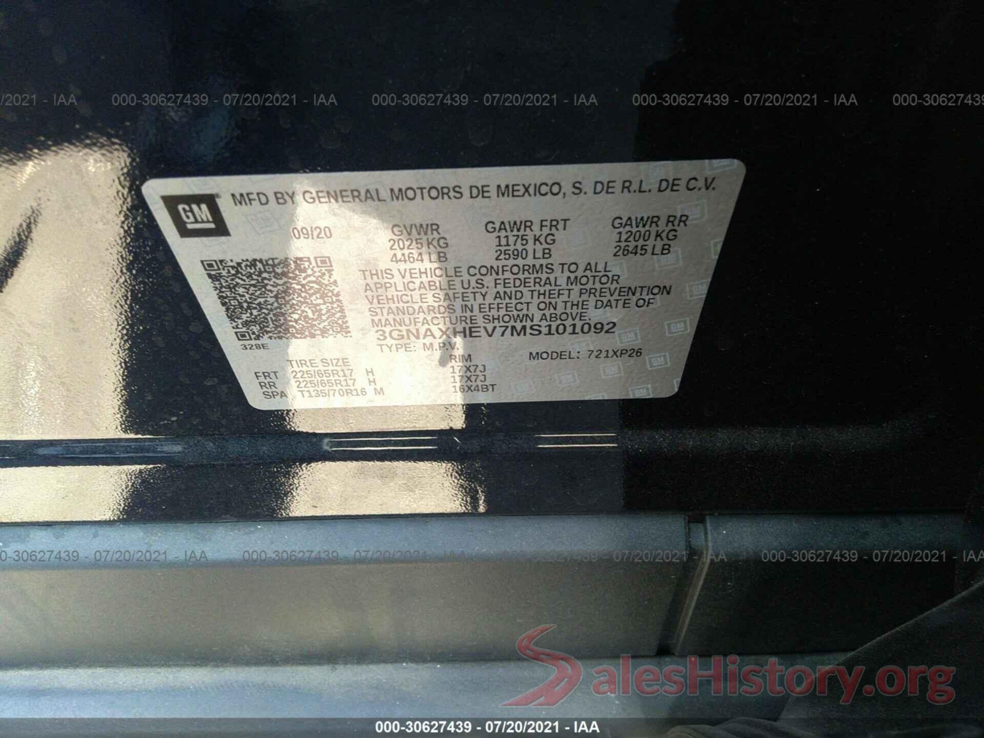 3GNAXHEV7MS101092 2021 CHEVROLET EQUINOX