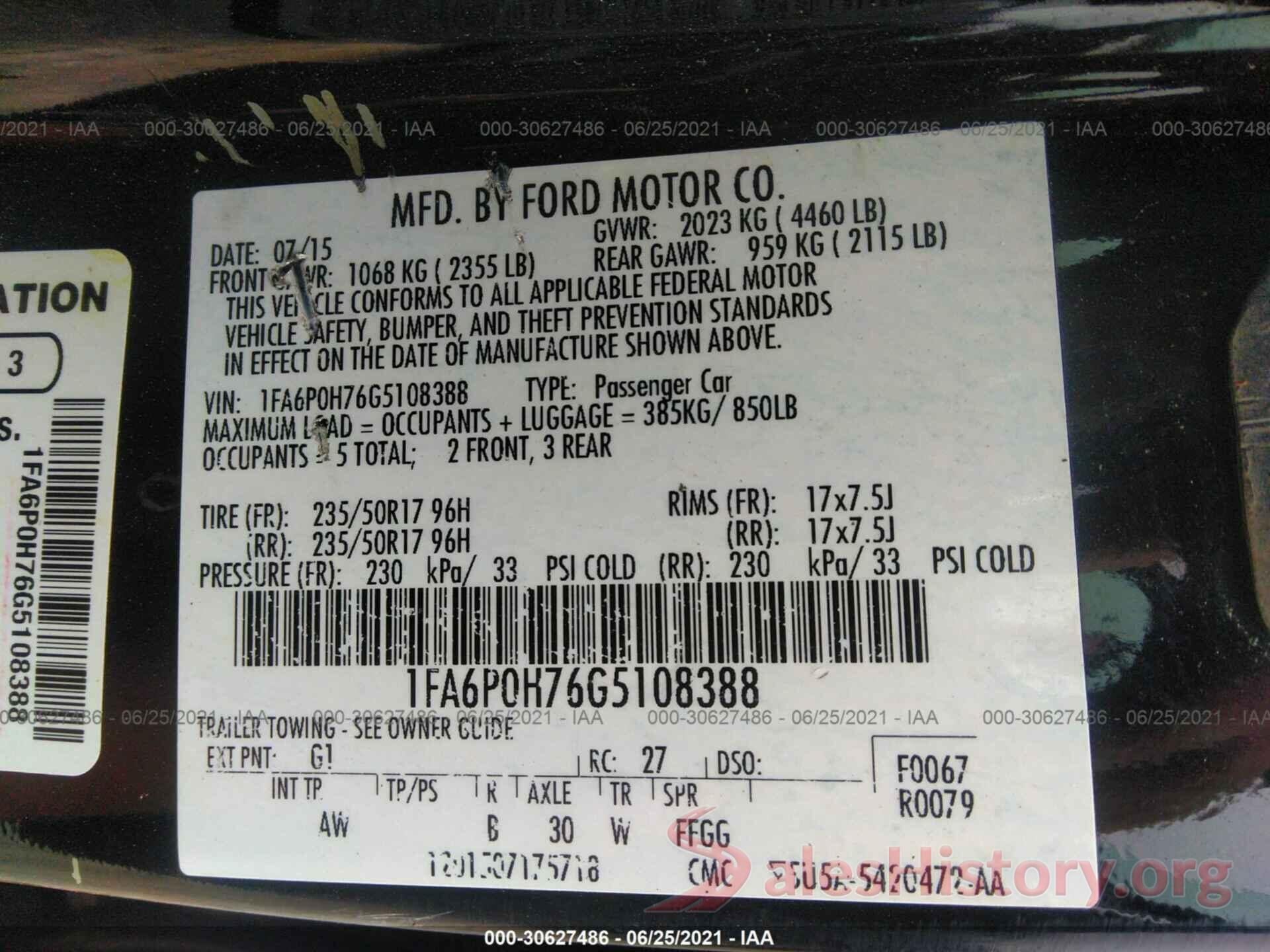 1FA6P0H76G5108388 2016 FORD FUSION