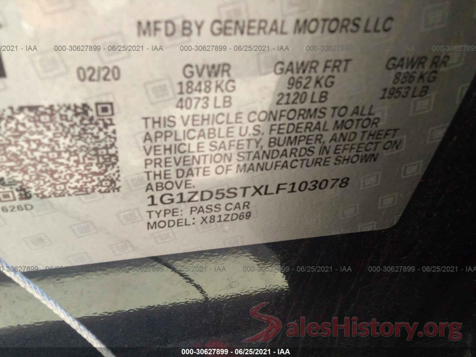 1G1ZD5STXLF103078 2020 CHEVROLET MALIBU