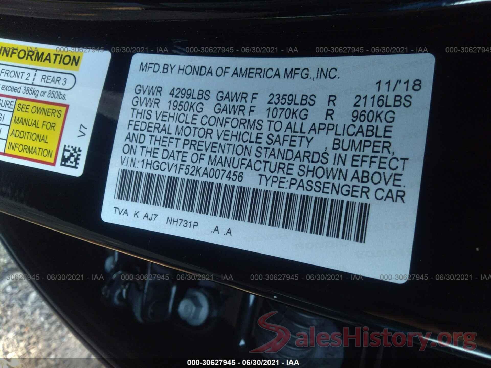 1HGCV1F52KA007456 2019 HONDA ACCORD SEDAN